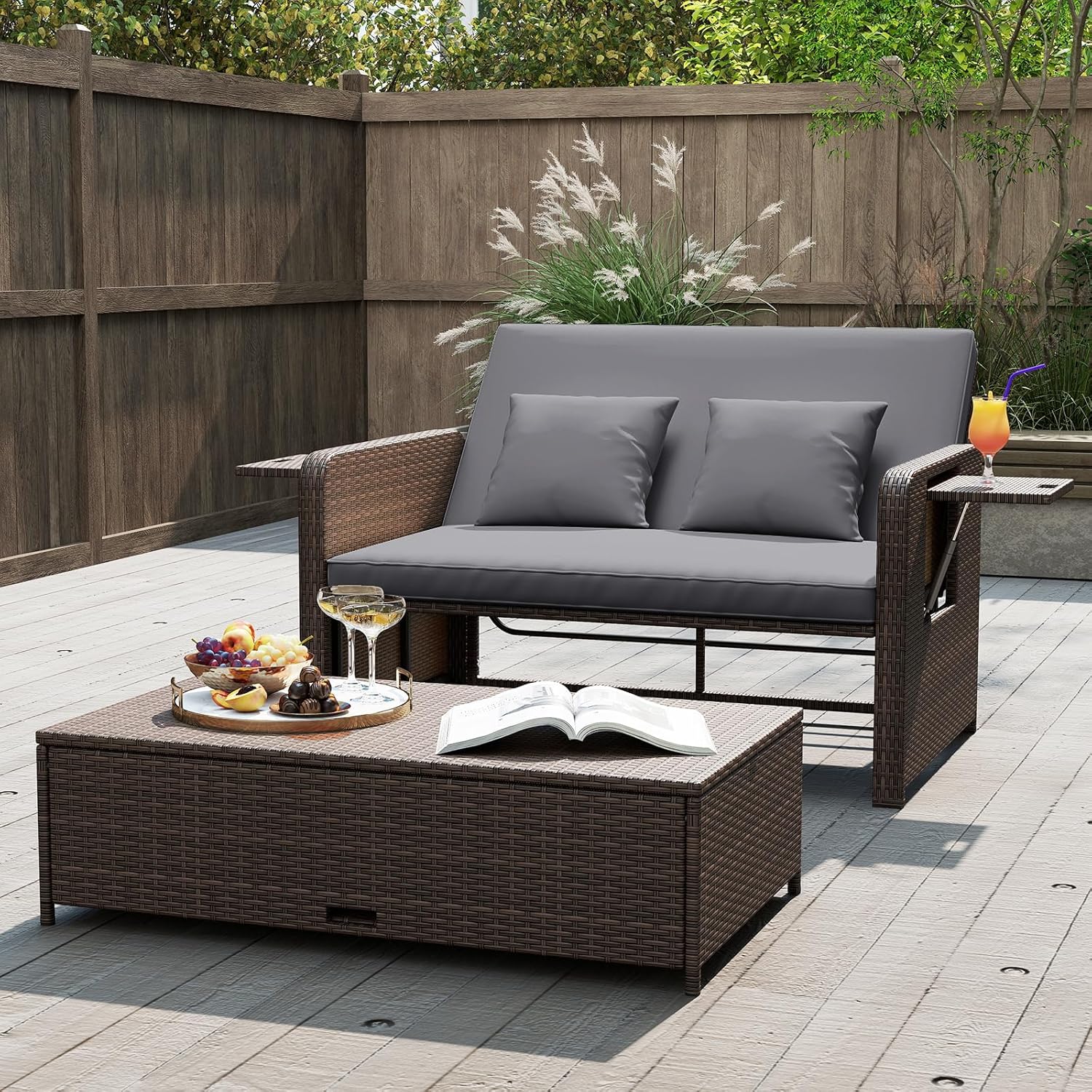 COSTWAY 3 in 1 Polyrattan Sonnenliege, Gartenliege mit Verstellbarer Rückenlehne & Seitenablagen, Loungebett, Doppelliege mit Kissen, Gartensofa mit Liegefunktion, Hocker & Stauraum (Grau)