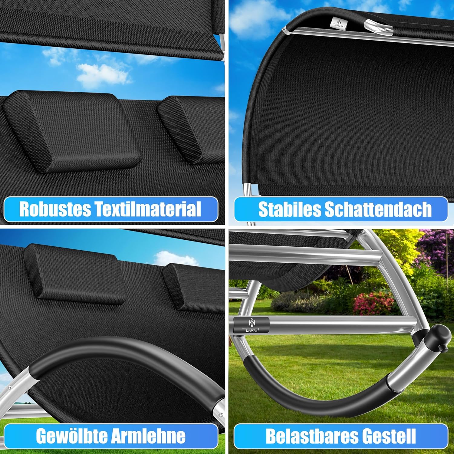 KESSER® Doppel-Sonnenliege Doppelliege mit Sonnendach, Kopfkissen Tasche für 2 Personen, Relaxliege, Gartenliege, Schaukelliege ergonomische Liegefläche, 240 kg Belastung, Seitentasche, Schwarz