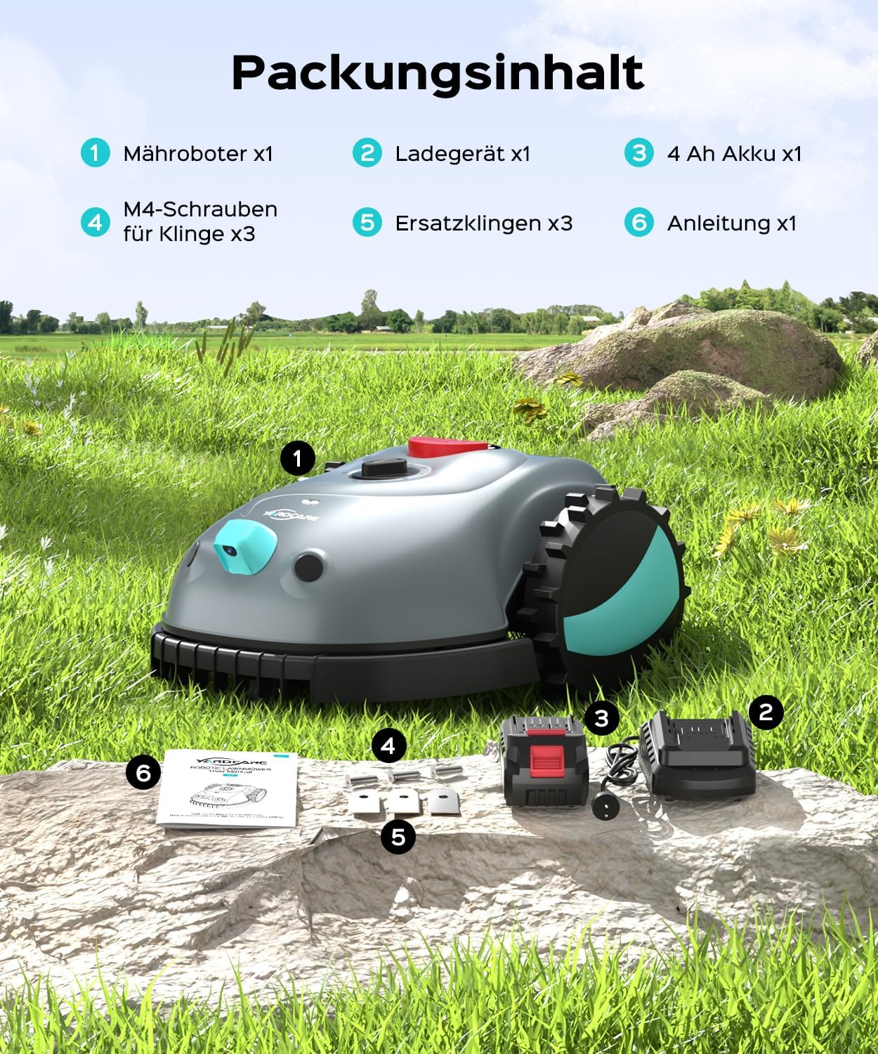 V100 Mähroboter ohne Begrenzungskabel Rasenroboter mit Kamera, Hindernisvermeidung, Vision Navigation, 4 Ah Akku Rasenmäher Roboter ohne Begrenzungsdraht 150m2 mit Ersatzklingen, Spiralschnitt