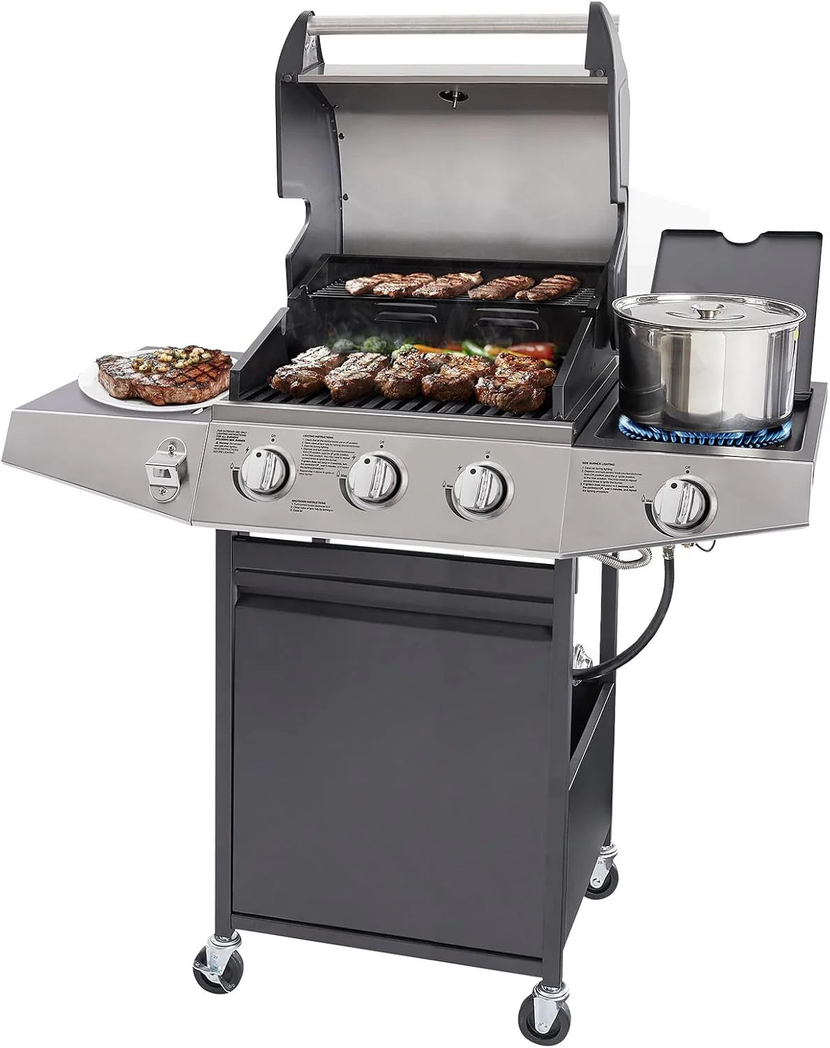 Unovivy 4-Burner Propane Gas Grill with Side Burner. Portable BBQ Grills with Oil Tray