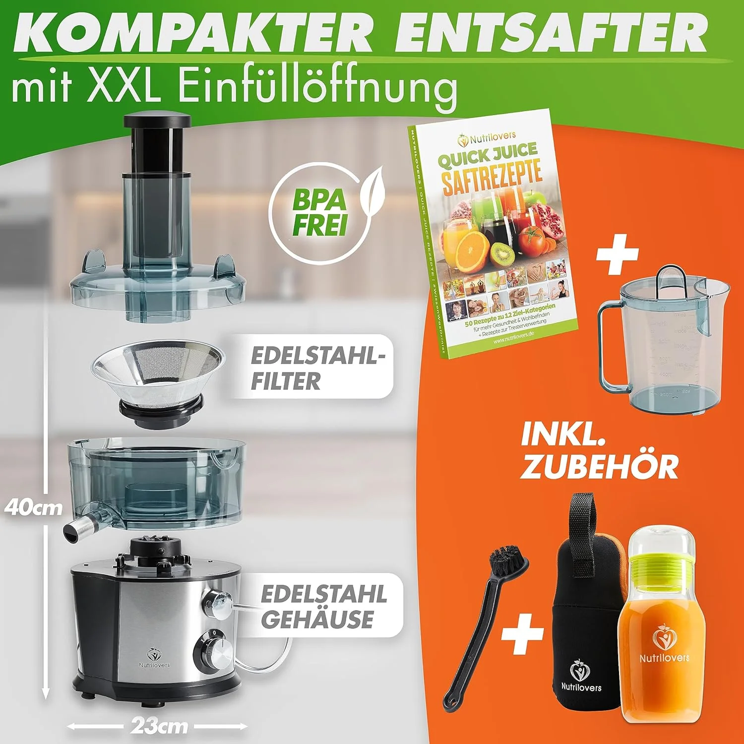 Nutrilovers *Testwinnaar* QUICK-JUICER Sapcentrifuge RVS Fruit en Groenten I XXL-vulling voor hele vruchten persen, 800W, 2 snelheden, BPA-vrij incl. drinkfles + receptenboek & app