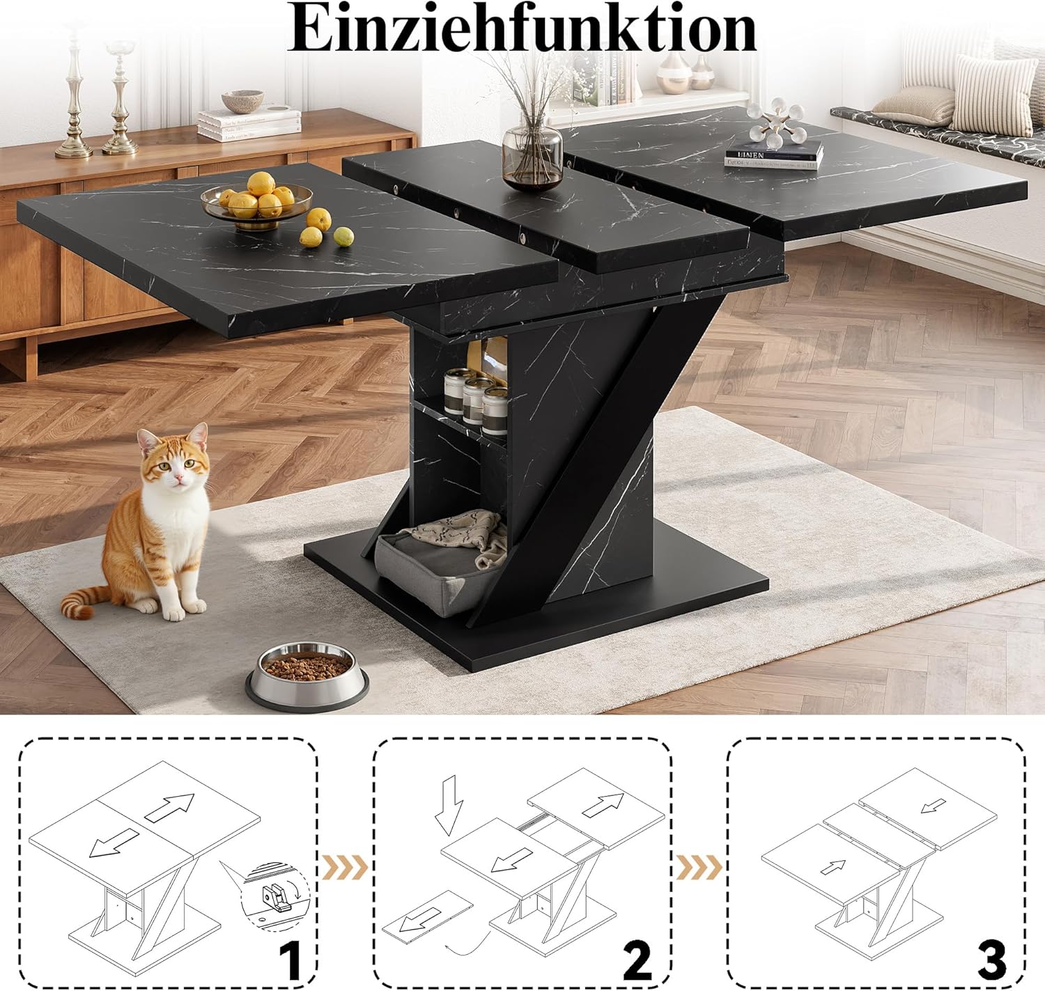 Esstisch Ausziehbar mit Stauraum Tischbeine für 4-6 Personen, Esszimmertische Küchentisch mit Unverwechselbare Muster, Esstisch Holz Esszimmertisch Ausziehbar, 110-140x80x75 cm, Schwarz