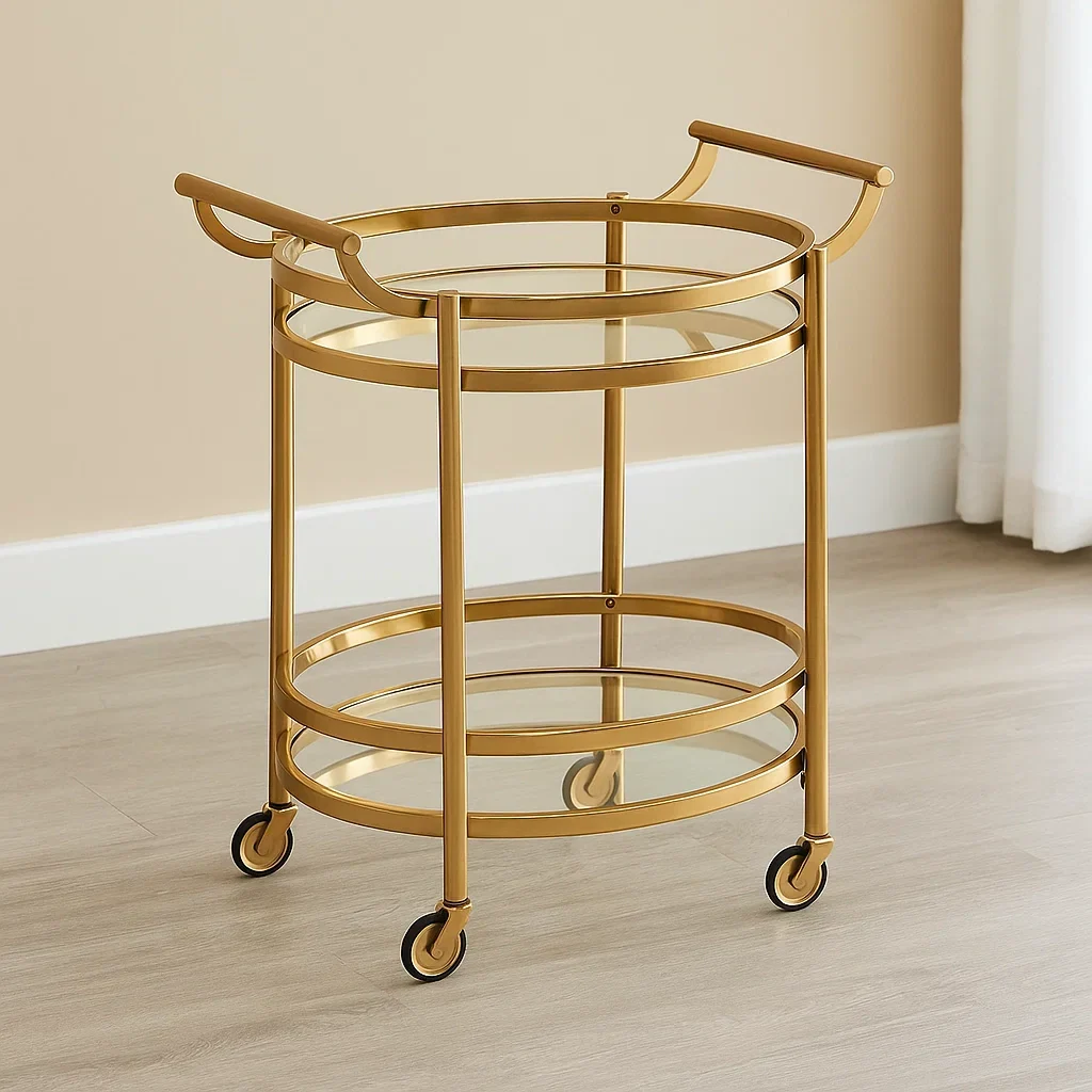 Barvogn, guld, metal og glas, egnet til indendrs brug, diameter 50 x hjde 74 cm