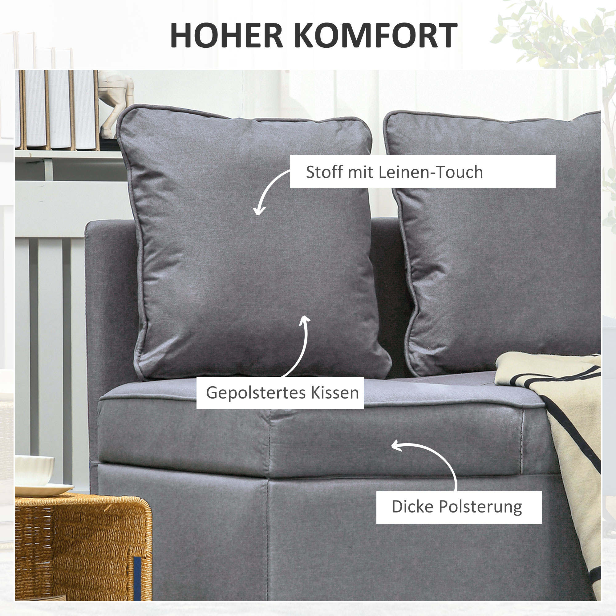 Slaapstoel, 2-Zitsbank met Bedfunctie, Opvouwbare Gestoffeerde Stoel met 2 Kussens, Linnen-Look Bekleding, Donkergrijs
