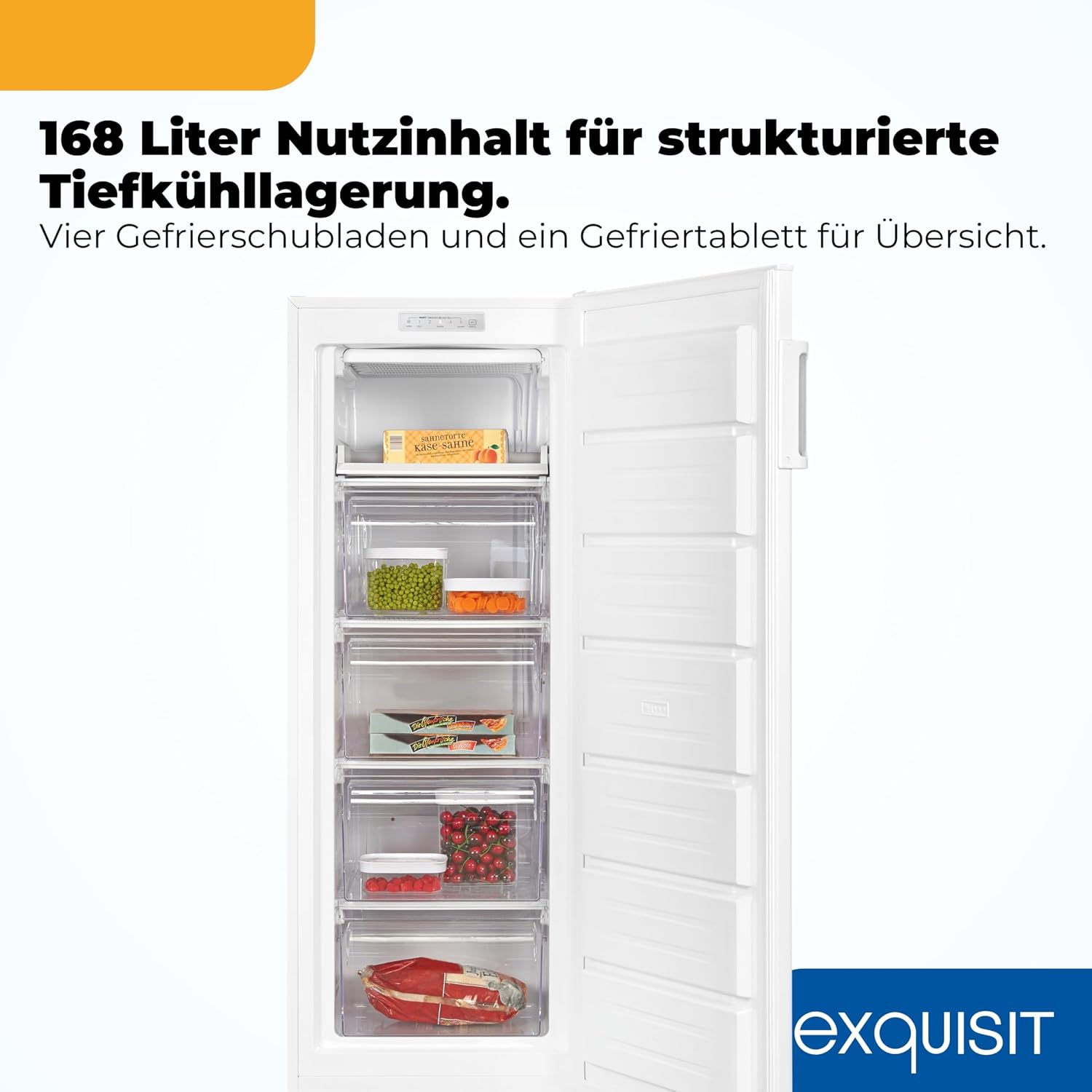 Exquisit Gefrierschrank | 168 l Nutzinhalt, Energieeffizienzklasse D, 40 dB(A) | hohe Bauform, 4-Sterne-Gefrieren, manuelle Temperaturregelung, wechselbarer Türanschlag | GS5230-H-040D weiss