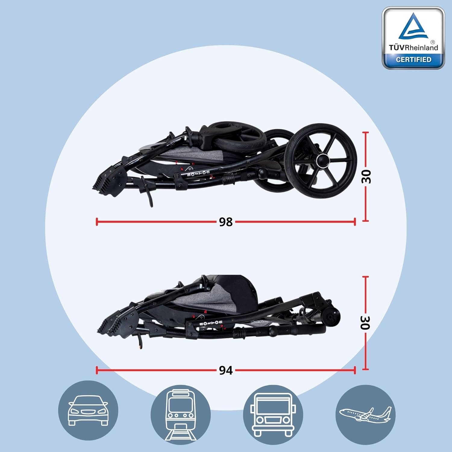 GaGaDumi Boston Kinderwagen 3 in 1 Komplettset mit Autositz - Kombikinderwagen mit großen Rädern - TÜV-zertifiziert - Baby Stroller Set - für Neugeborene und Kleinkinder Grau Jeans