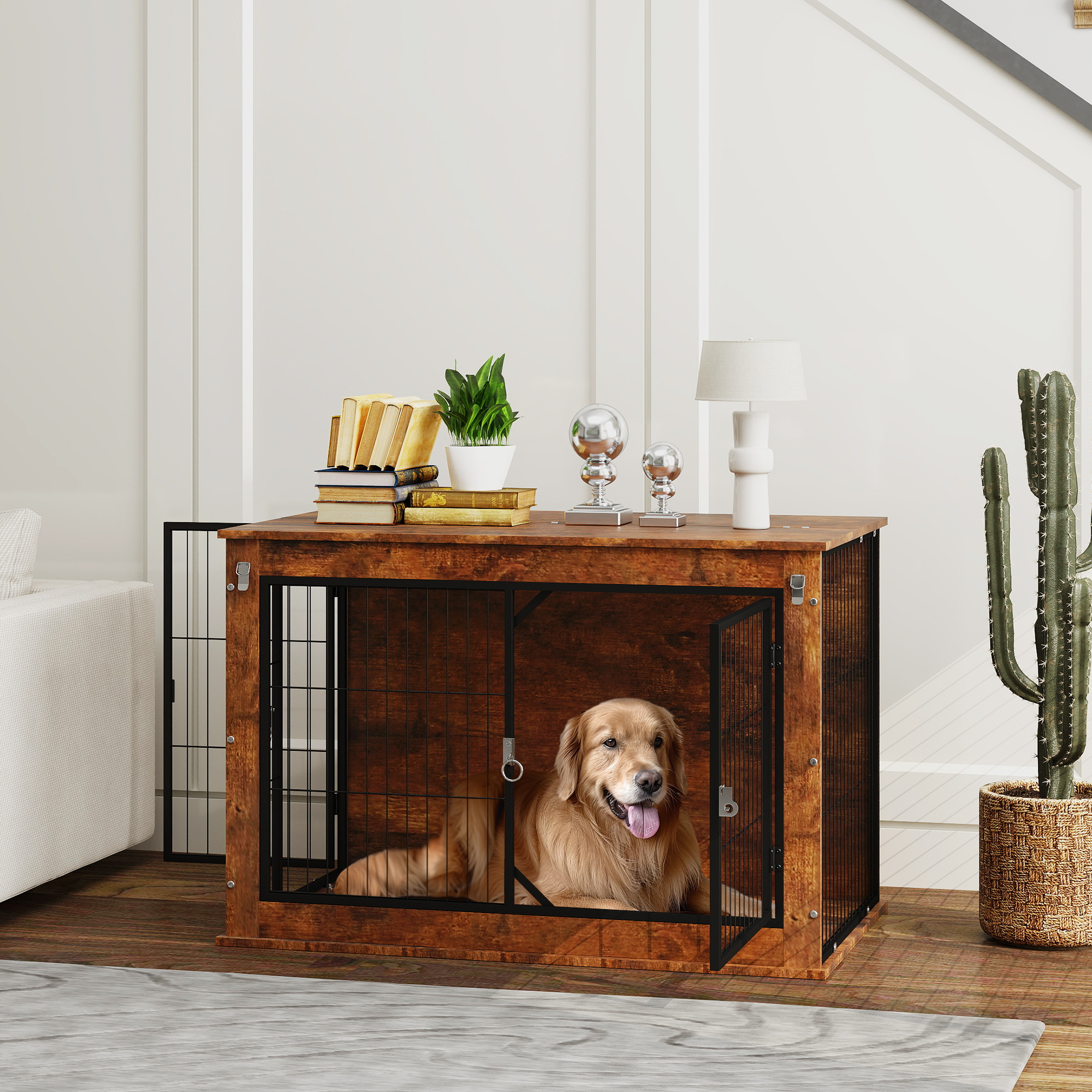 Hondenbox, Transportbox voor honden, Verblijfsbox, voor huisdieren, 2 afsluitbare deuren, 98 x 60 x 65,5 cm, Bruin