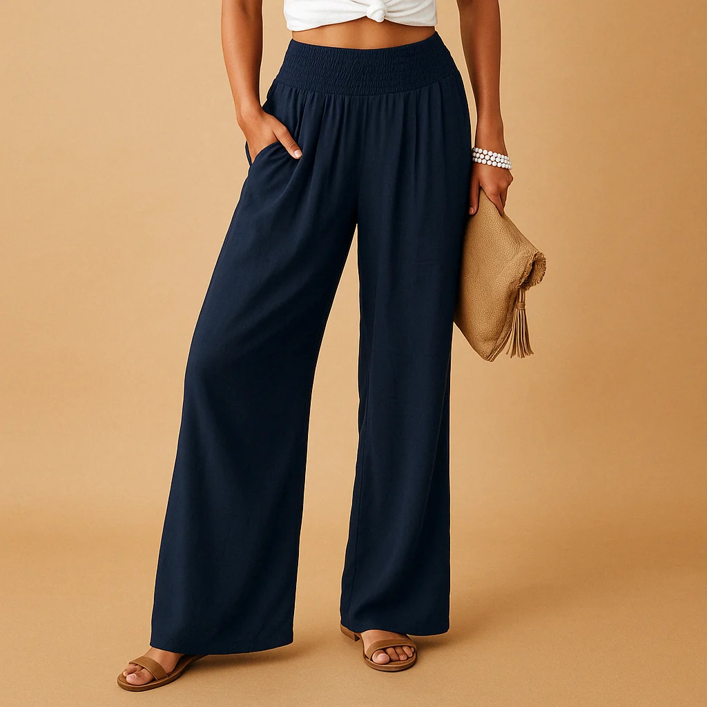 Damen Leinenhose mit elastischem Bund | Luftige Sommerhose aus Baumwolle-Leinen-Mix | Bequeme Stoffhose mit geradem Schnitt