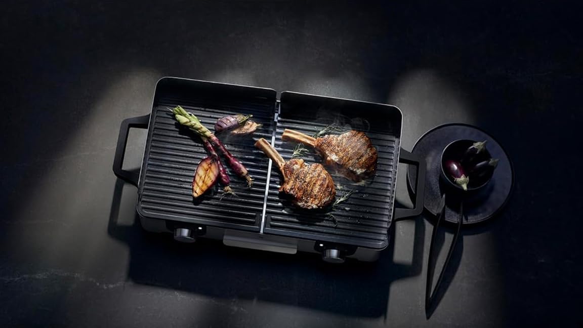 WMF Lono Master-Grill, Elektrogrill, 50x28 cm, Elektrogrill Tischgrill mit Windschutz und Auffangschale, Outdoorzertifiziert für Barbecue, 2 getrennt regulierbare Grillflächen, 2400 W, edelstahl matt