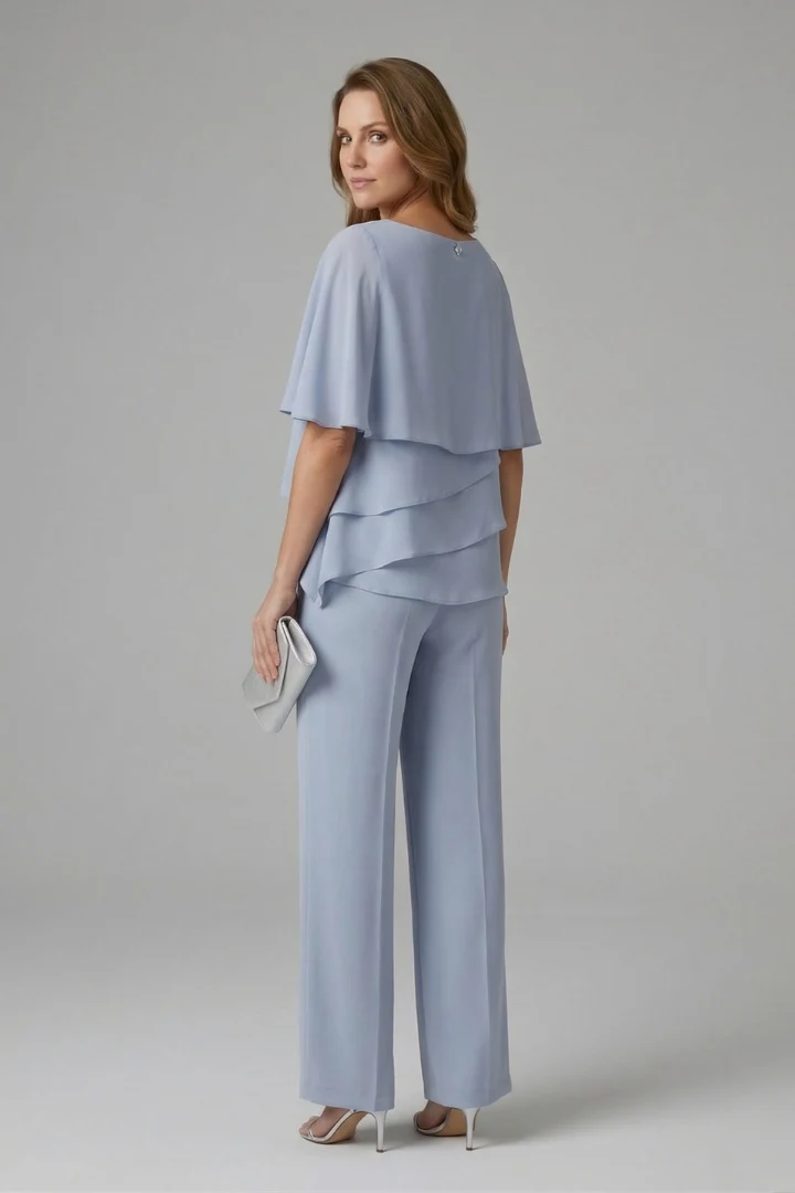 Damen Zweiteiler Set mit Lagenlook Oberteil und Hose mit geradem Bein | Modernes Set mit Rundhalsausschnitt und Schlupfhose