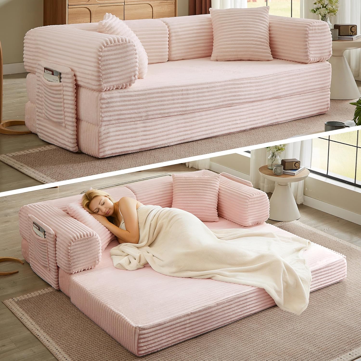 Boneless Couch Folding Couches for Living Room Sofa. Futon Sofa Bed with Sleeper Sofa. Futon Couch with Fixed-Shape Oversized Corduroy Upholstered (White. 81 Inches)