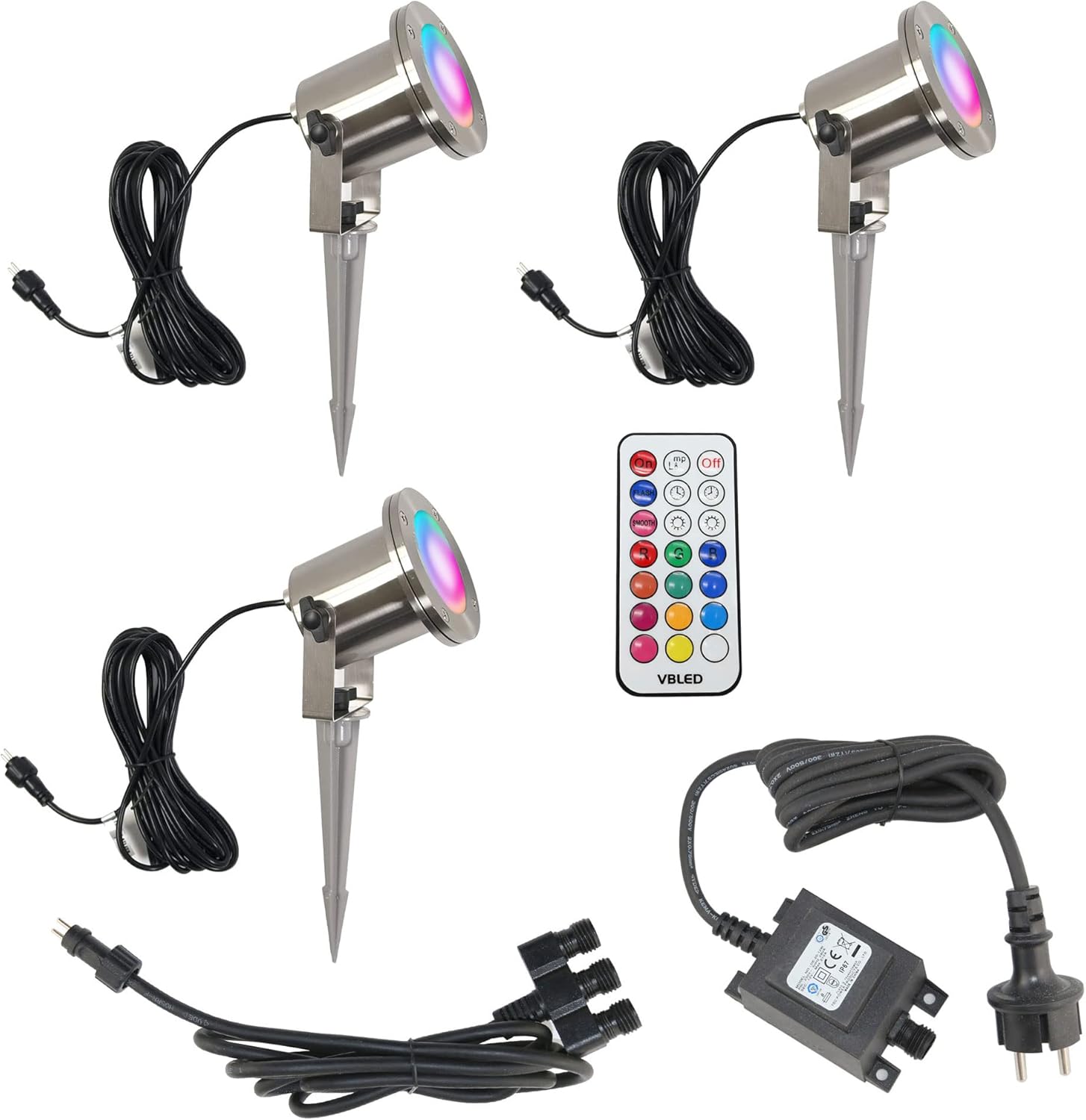 VBLED 3er Set LED-Teichstrahler/Gartenteich Licht 12V, aus Edelstahl IP68 mit RGBW MR16 Leuchtmittel und Trafo