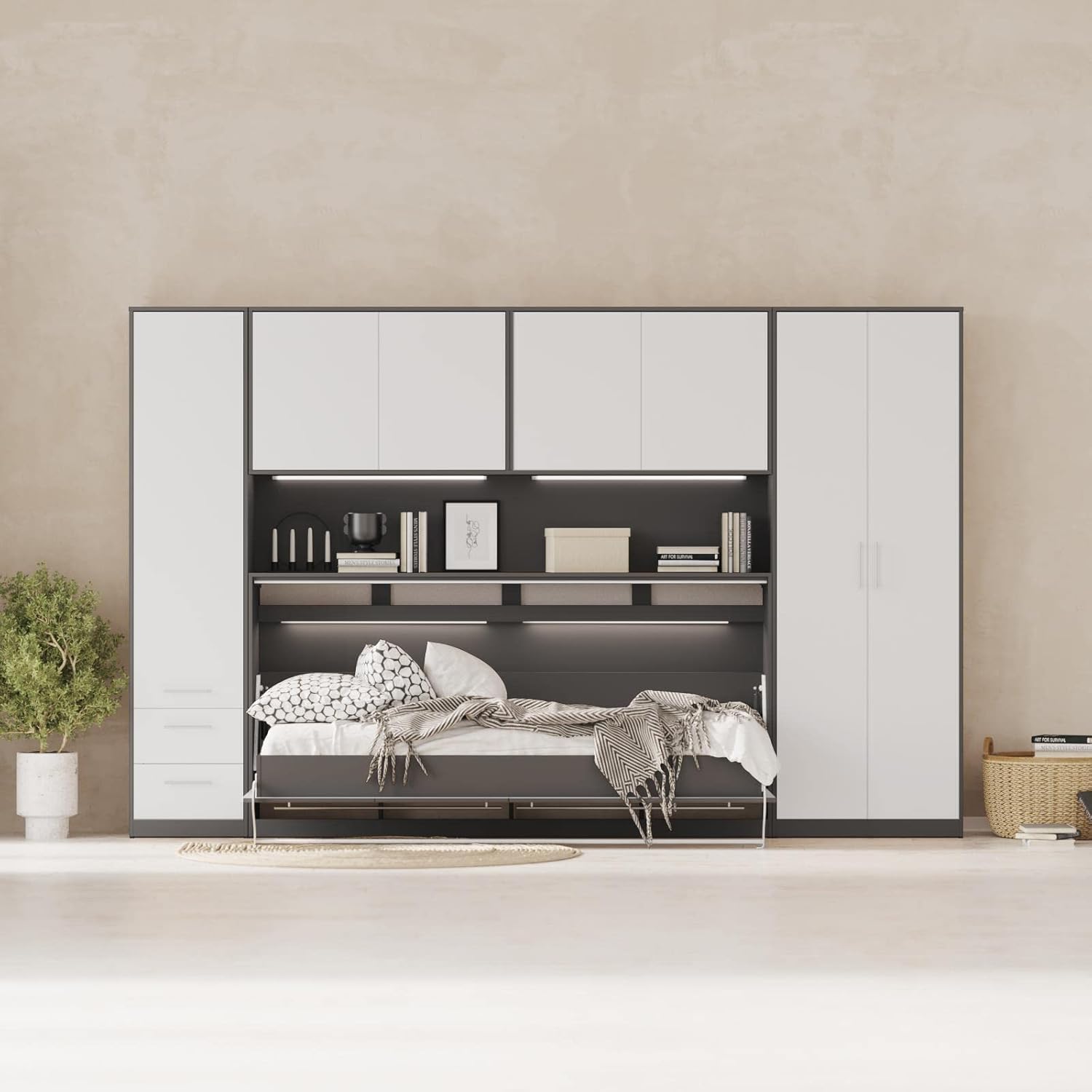 SMARTBett Wohnwand Schlafzimmer Jugendzimmer Gästezimmer Set mit Schrankbett 90x200 + 4 Schränke Anthrazit/Weiss