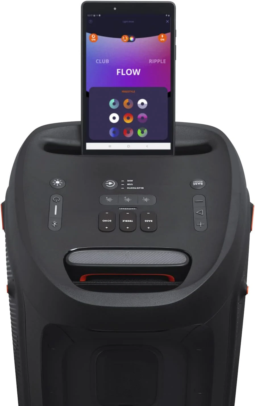 JBL PartyBox 710 - Schwarz �C Trag - und rollbarer Bluetooth Party-Lautsprecher mit Lichteffekten �C Spritzwassergesch��tzte, mobile Musikbox