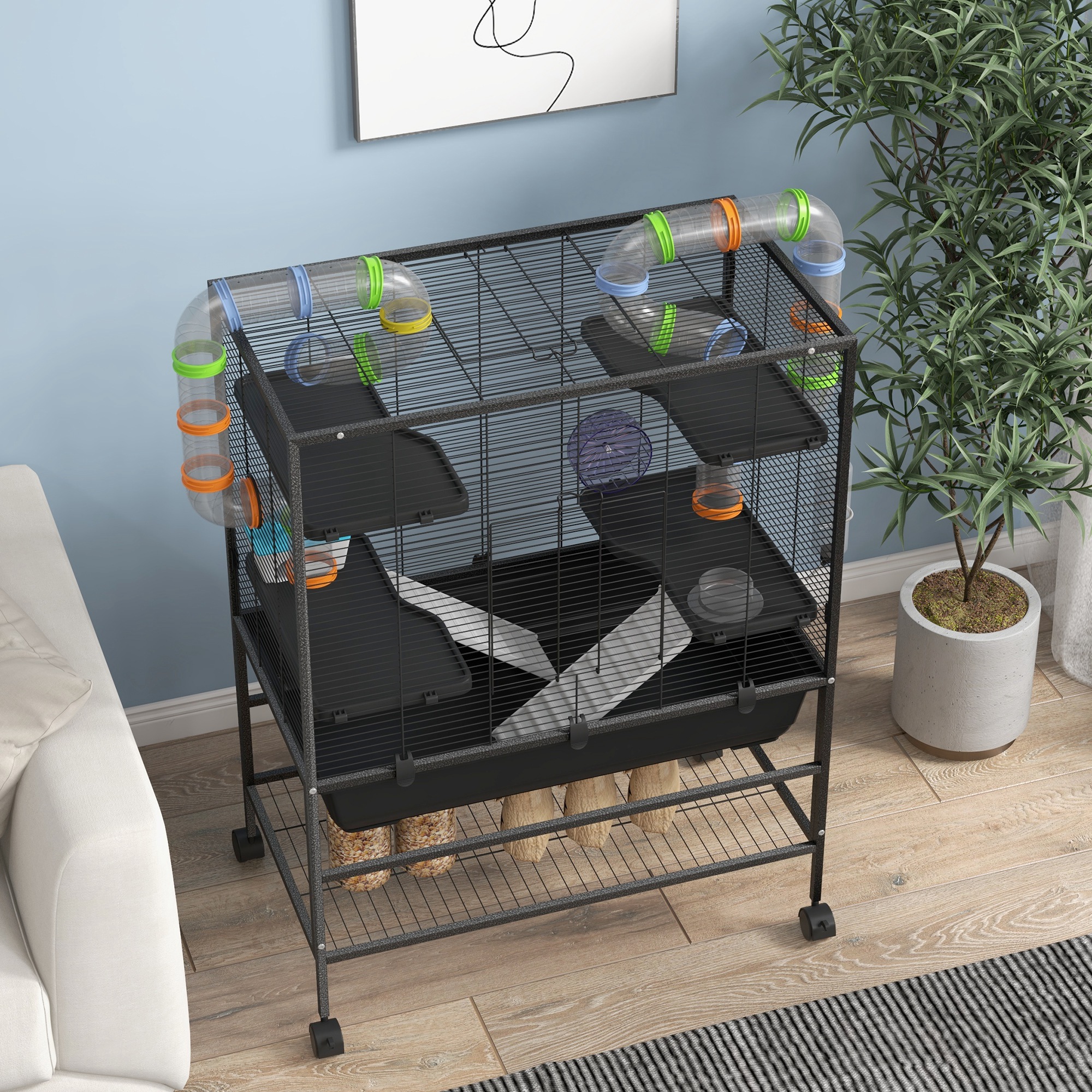 Hamsterkooi met Buizen, Looprad, Huisje, Waterdispenser, 109 x 82 x 46 cm, Zwart