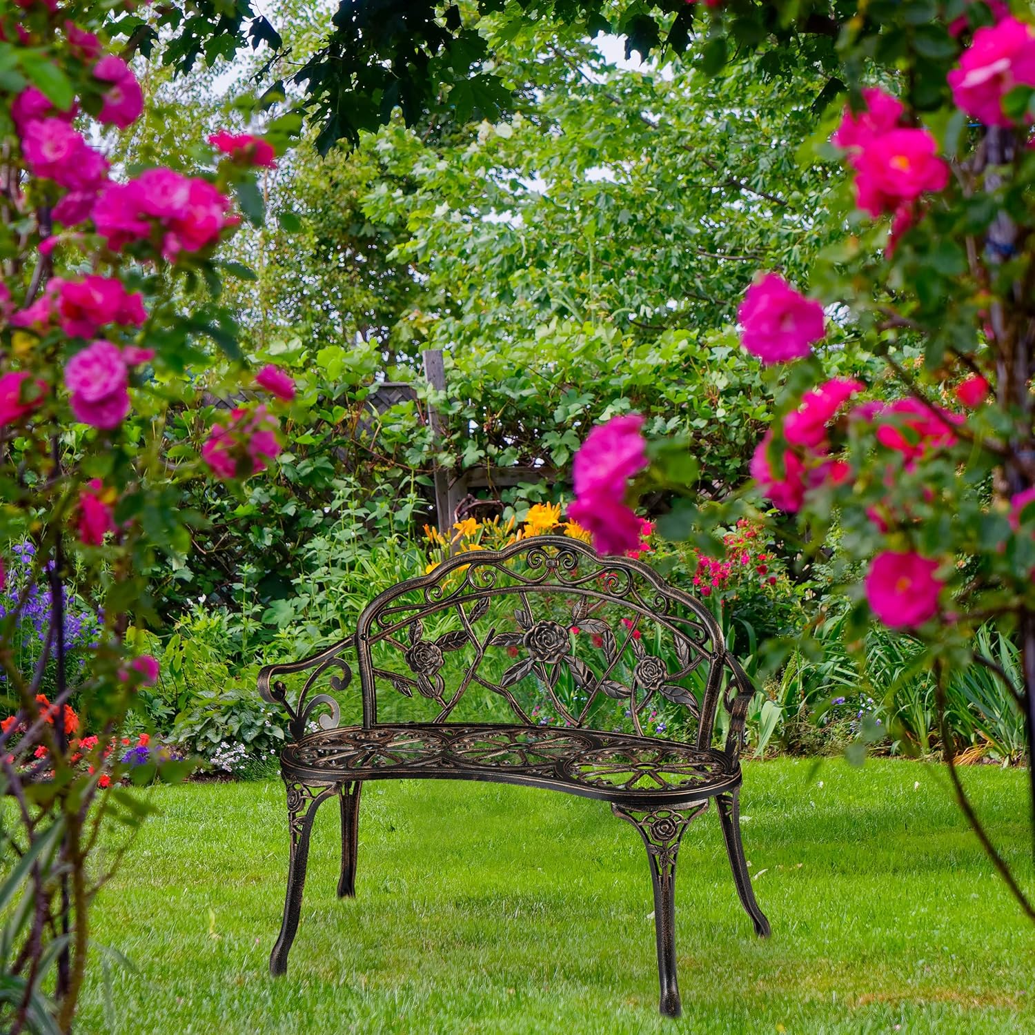 Relaxdays Gartenbank, 2 Sitzer, Rosen, Terrasse, Balkon, Alu & Gusseisen, antike Sitzbank, HBT: 78 x 99 x 52 cm, Bronze
