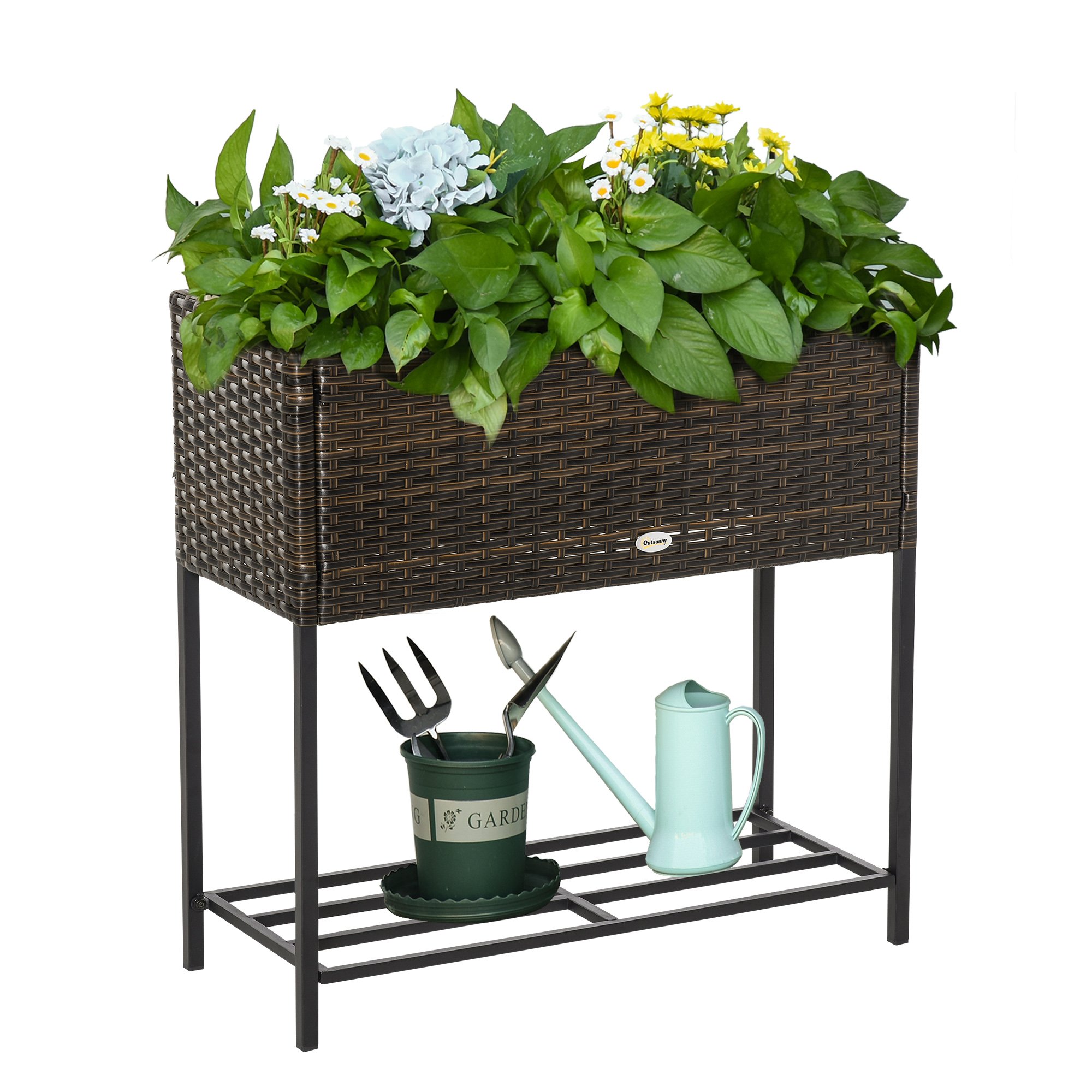 Outsunny Poly rotan bloembak met verhoogd bed en poten Bloempot met plank bruin 70 x 30 x 72 cm