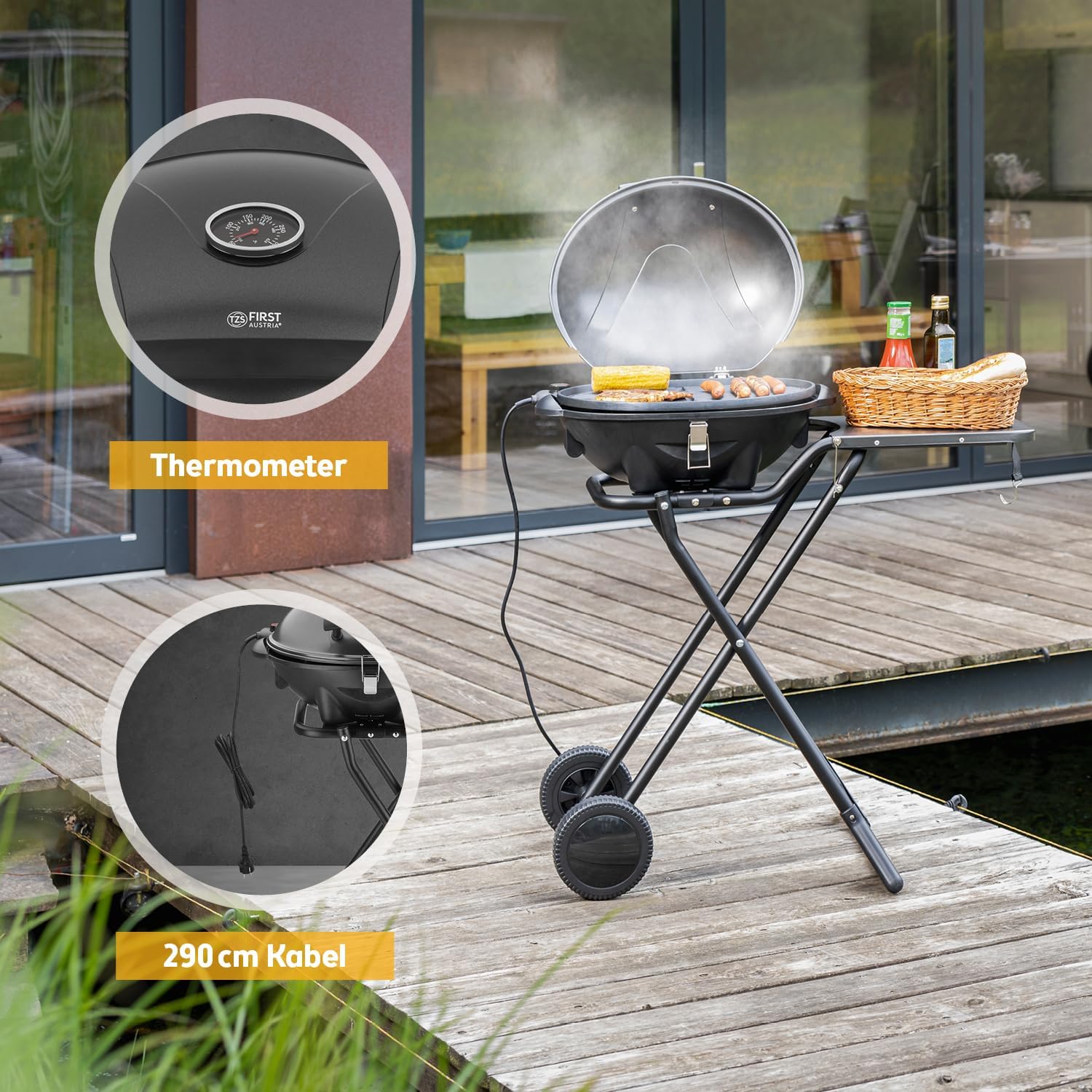 TZS First Austria 2in1 Elektrogrill – extrem stabiler & klappbarer Elektrogrill für Balkon – abnehmbarer 2400 Watt Standgrill mit Deckel, Standfuß & Rädern, Kunststoff/Metall – inkl. Temperaturregler