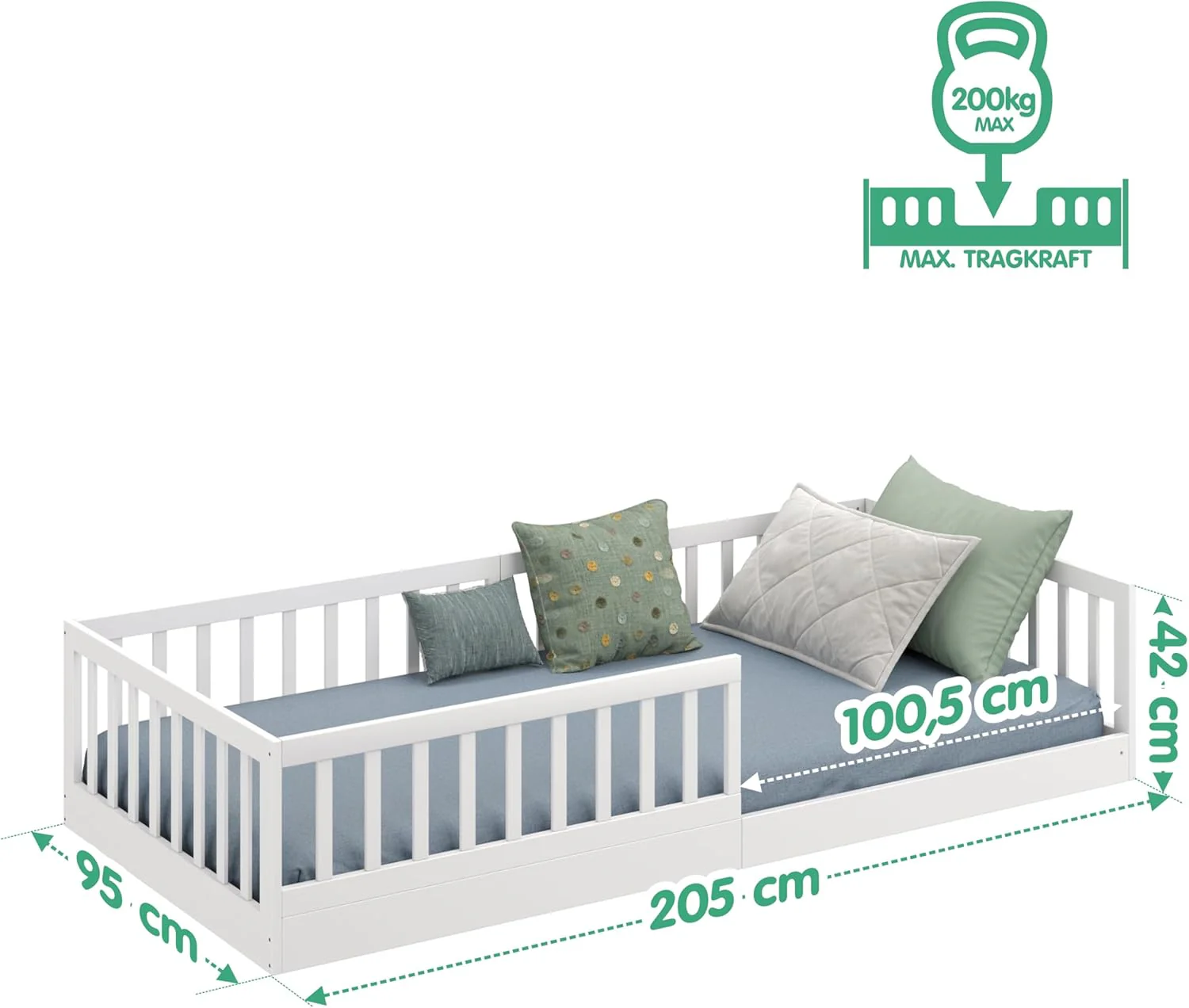 CADANI Timi 2-in-1 Vloerbed 140x200 cm Montessori Kinderbed met uitneembare valbeveiliging incl. lattenbodem, massief grenenhout, wit - 3 opbouwmogelijkheden, belastbaar tot 200 kg, ombouwbaar