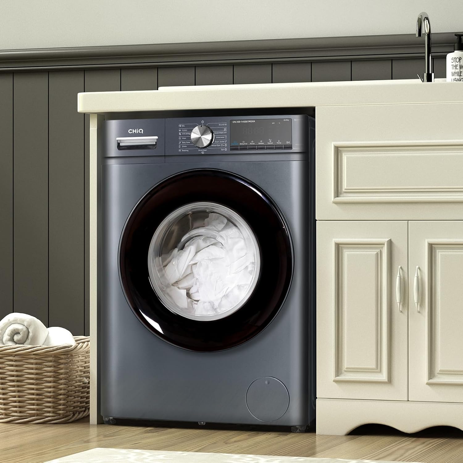CHiQ Waschmaschine 7kg, 15 Programme, InverterMotor, Eco-Logic, Speed Wash, 60x46,5x84cm, Auto Clean, Washer Grau, CW07123863AX