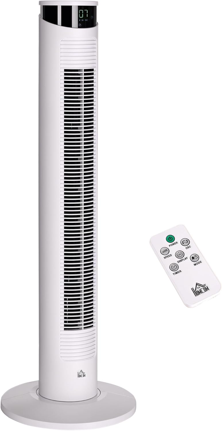 HOMCOM Ventilateur Colonne 45 W, Ventilateur Tour Chambre à Coucher avec Télécommande, Oscillation 70°, 3 Modes, 3 Vitesses, Minuterie 12H, Écran LED, Mode Veille, 93H cm, Blanc