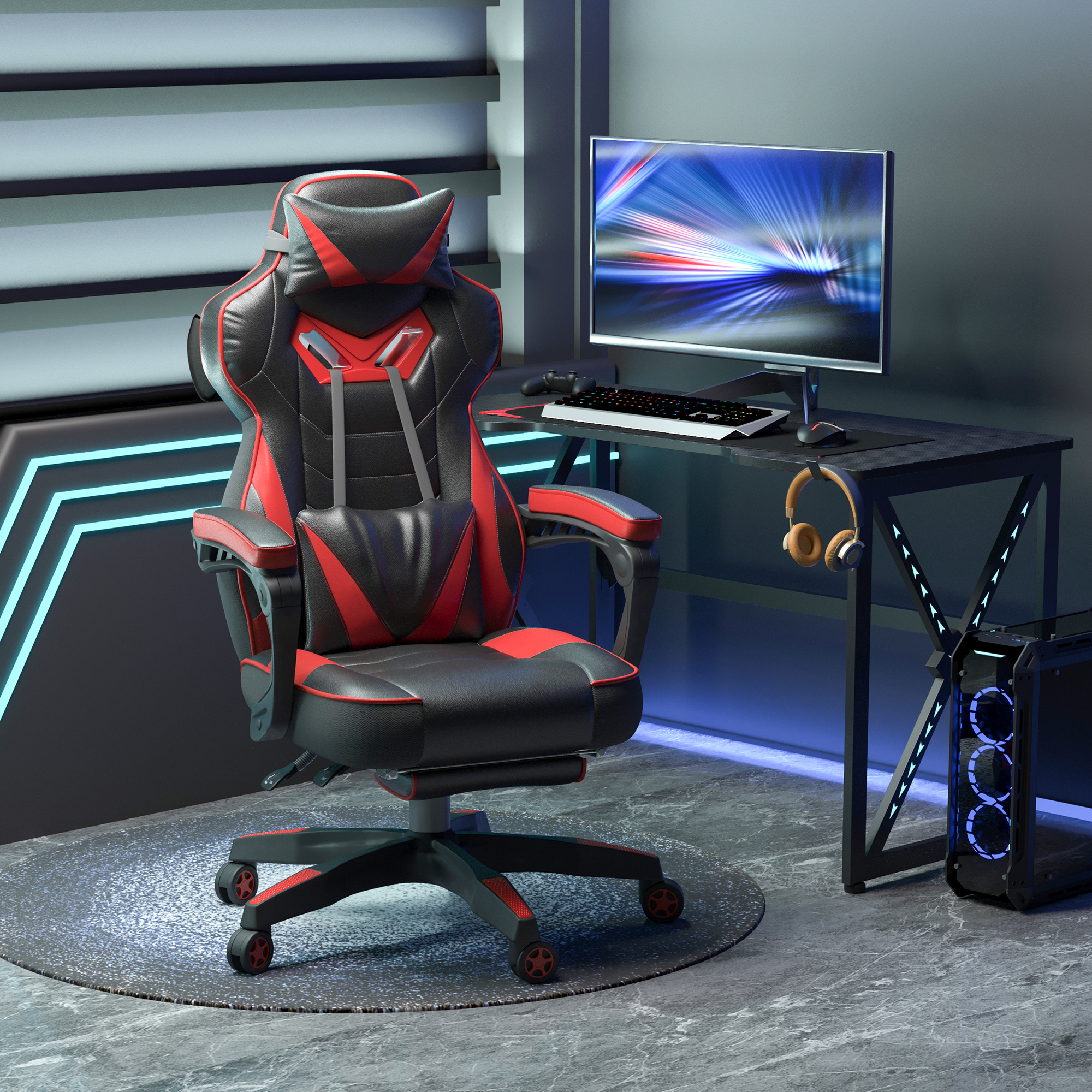 Vinsetto Ergonomische Gamingstoel met Racestijl - Uitschuifbare Voetsteun, Zwart+Rood
