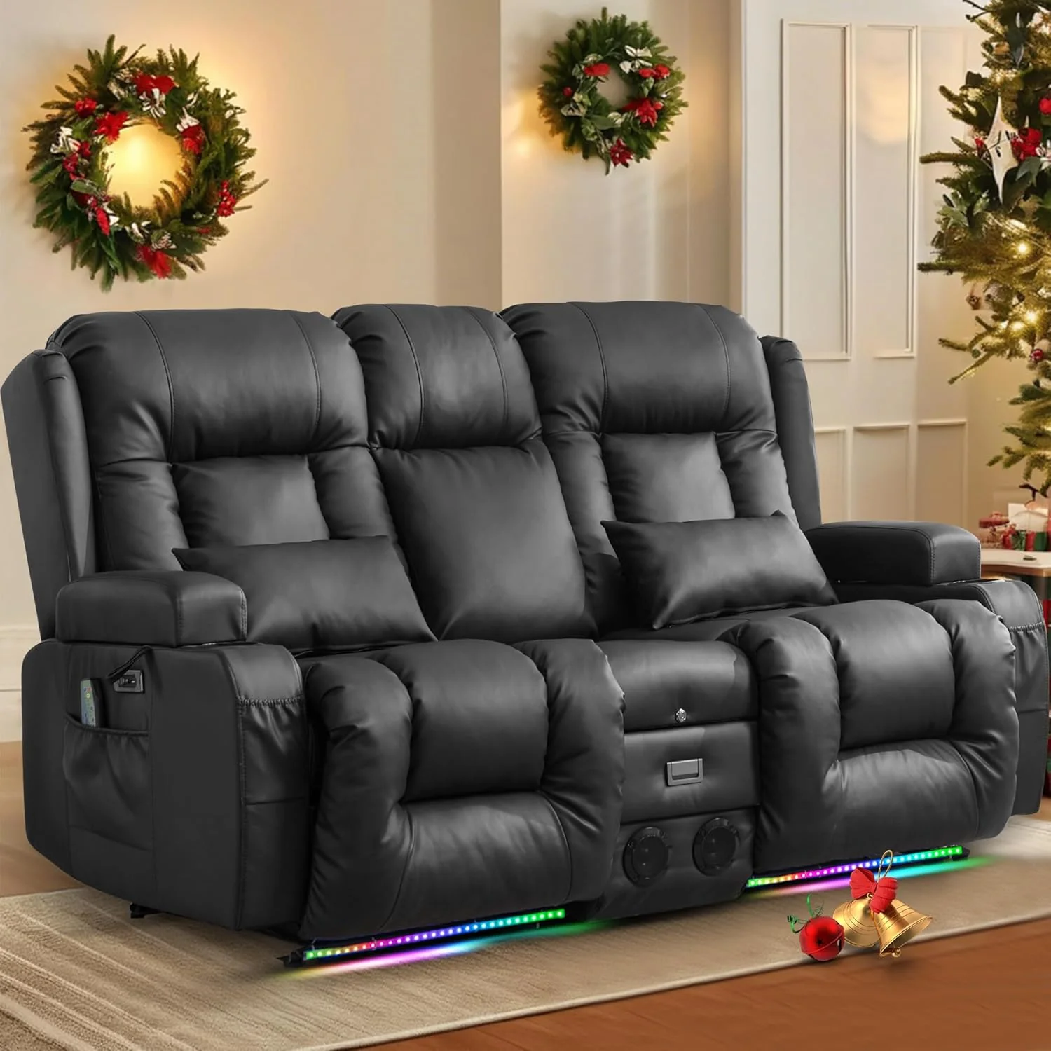TUNYI Power Loveseat Recliner Sofa with Massage & Heat Home Theater Seating with Console Electric Recliner RV Sofa with USB/Outlet/Storage/Side Pocket/LED Light/Speaker (Brown. Loveseat)