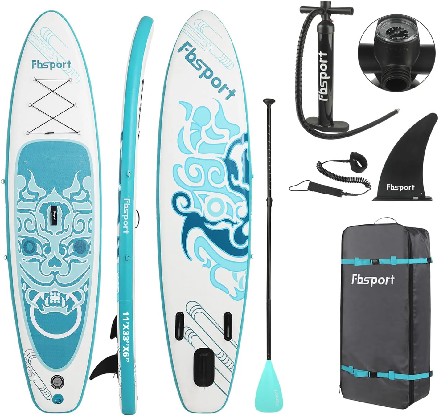 FBSPORT 11' Premium Stand Up Paddle Board. Yoga Board with Durable SUP Accessories & Carry Bag | Wide Stance. Surf Control. Non-Slip Deck. Leash. Paddle and Pump for Youth & Adult