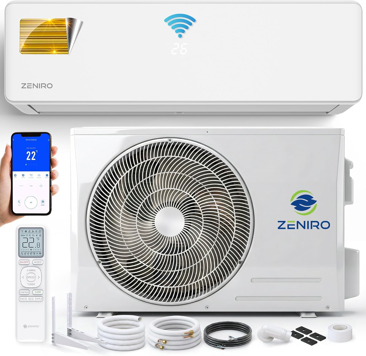 Klimanlage Split Klimagerät Set mit Heizfunktion - 18000 BTU 5,2kW - A++ WiFi/App-Steuerung 4D AirFlow Auto Reinigung inkl. Montagematerial Vorgefüllt R32 Air Conditioner