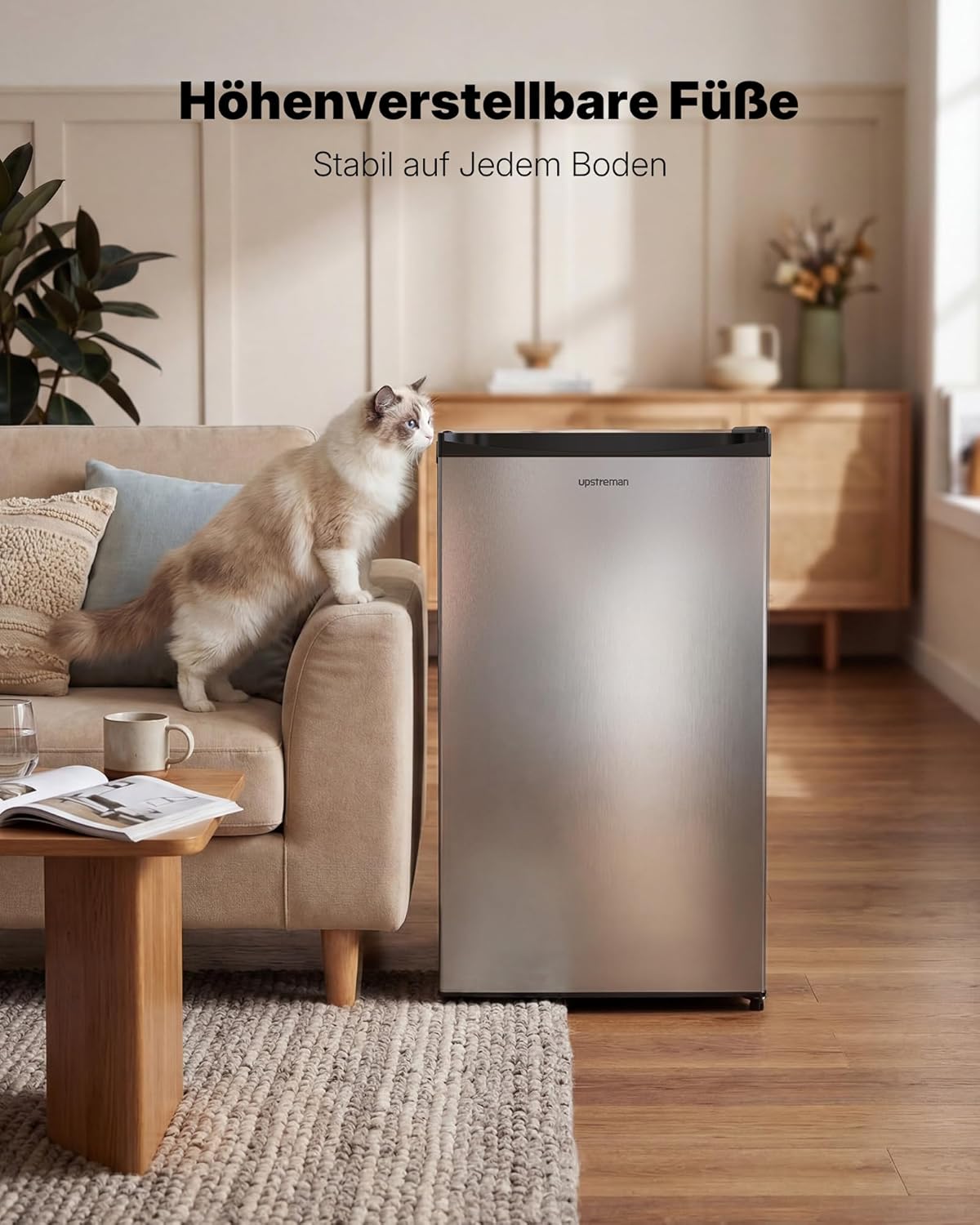 Upstreman 91L Kleiner Kühlschrank mit Schnellkühlfach, 5 Temperaturstufen (0-10℃), Energieeffizient, 41 dB Leiser Betrieb, Kompakt Geräumig für Studentenwohnheim/Büro, BR321-Silber