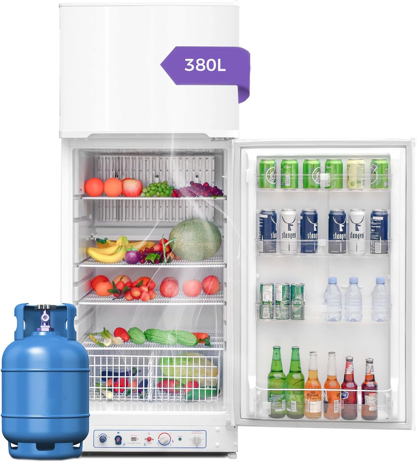 Smad Frigo Gaz, 380L(287+93), Frigo Gaz/220V avec Congélateur, Réfrigérateur Camping Gaz, Silencieux pour Gîte, Garage, Camping, Mobile-home, Blanc