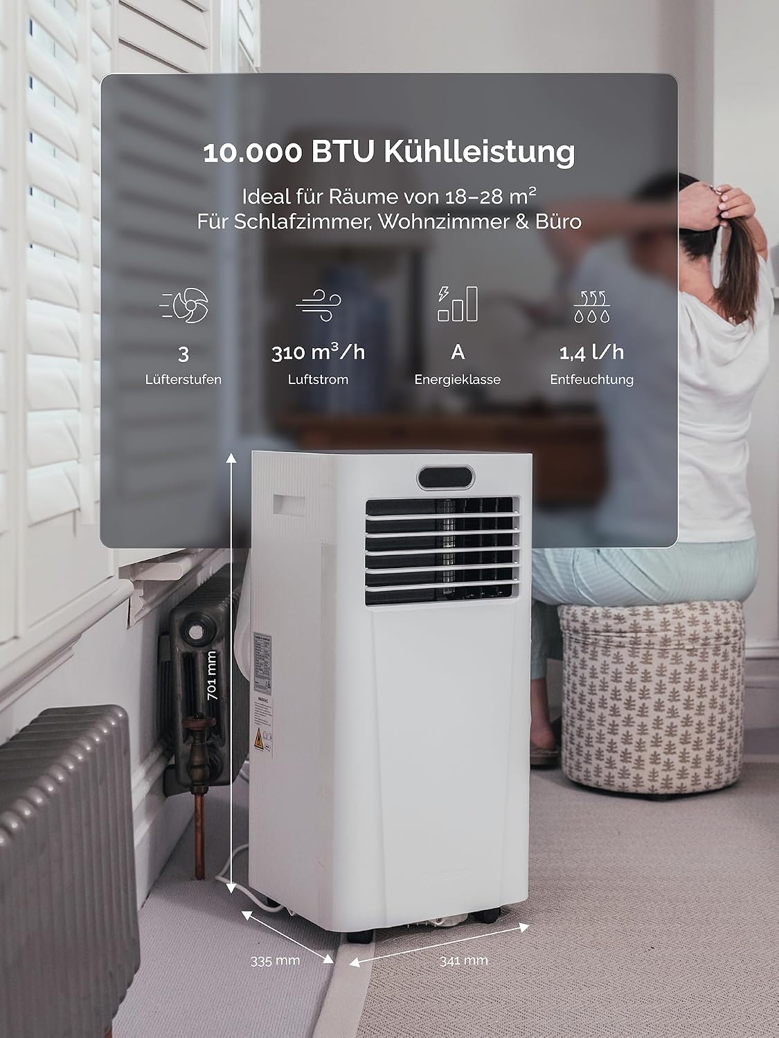 MeacoCool MC Series Pro 10000 BTU Mobile Klimaanlage mit App-Steuerung, Fernbedienung, Energieklasse A, leise (53 dB), 4-in-1 Kühlung, 18–28 m², Schlafmodus, 2 Fenster-Kits