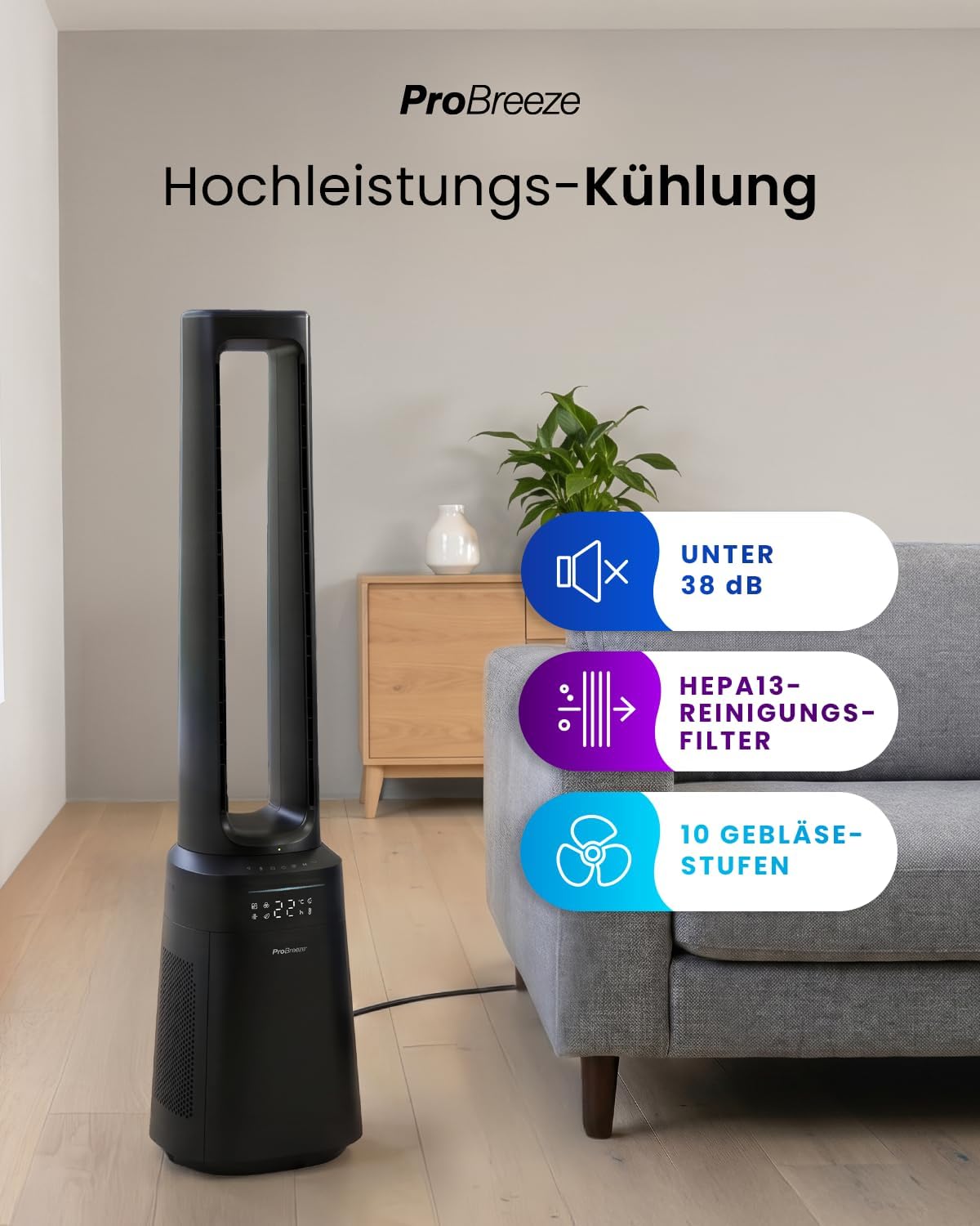 Pro Breeze OmniAir 105cm rotorloser Ventilator mit Luftreiniger - Smart Home Ventilator, WLAN, App, HEPA 13 Filter, 10 Geschwindigkeiten - Turmventilator sehr leise, 5 Modi, Auto 75° Oszillation