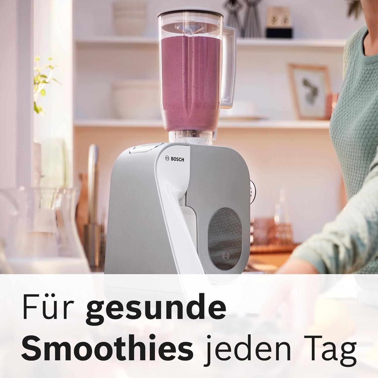 Bosch Küchenmaschine Serie 4, Edelstahl-Schüssel 3,9 L, Knethaken, Schlag- und Rührbesen Edelstahl spülmaschinenfest, Mixer 1,25 L, Durchlaufschnitzler, 3 Scheiben, 1000 W, Weiß, MUM58W20