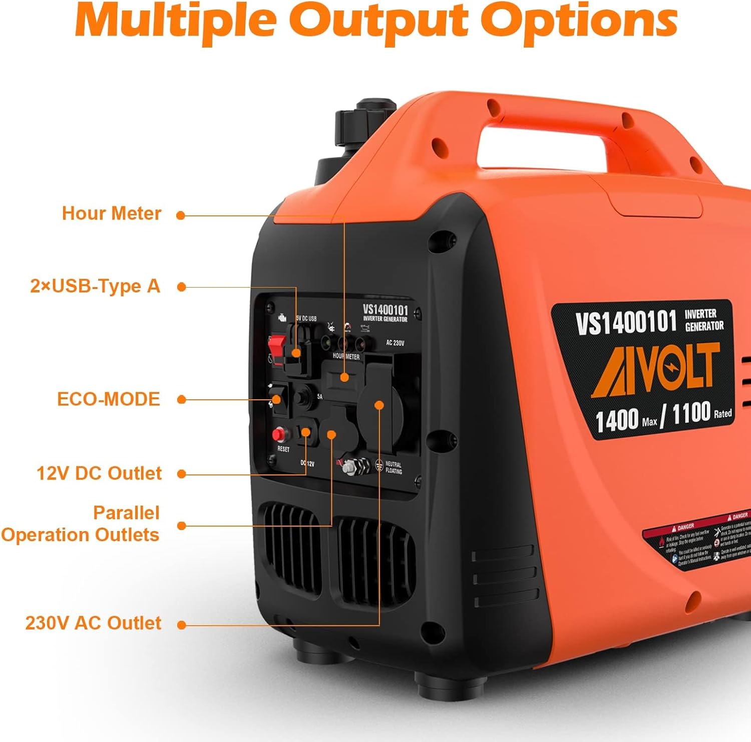 AIVOLT Inverter Stromerzeuger 1400 Watt Stromgenerator Notstromaggregat Benzin leise Stromaggregat für Campen, Festivals, und Hausgebrauch mit 2 USB, 12V DC Steckdosen und 230 V Steckdosen