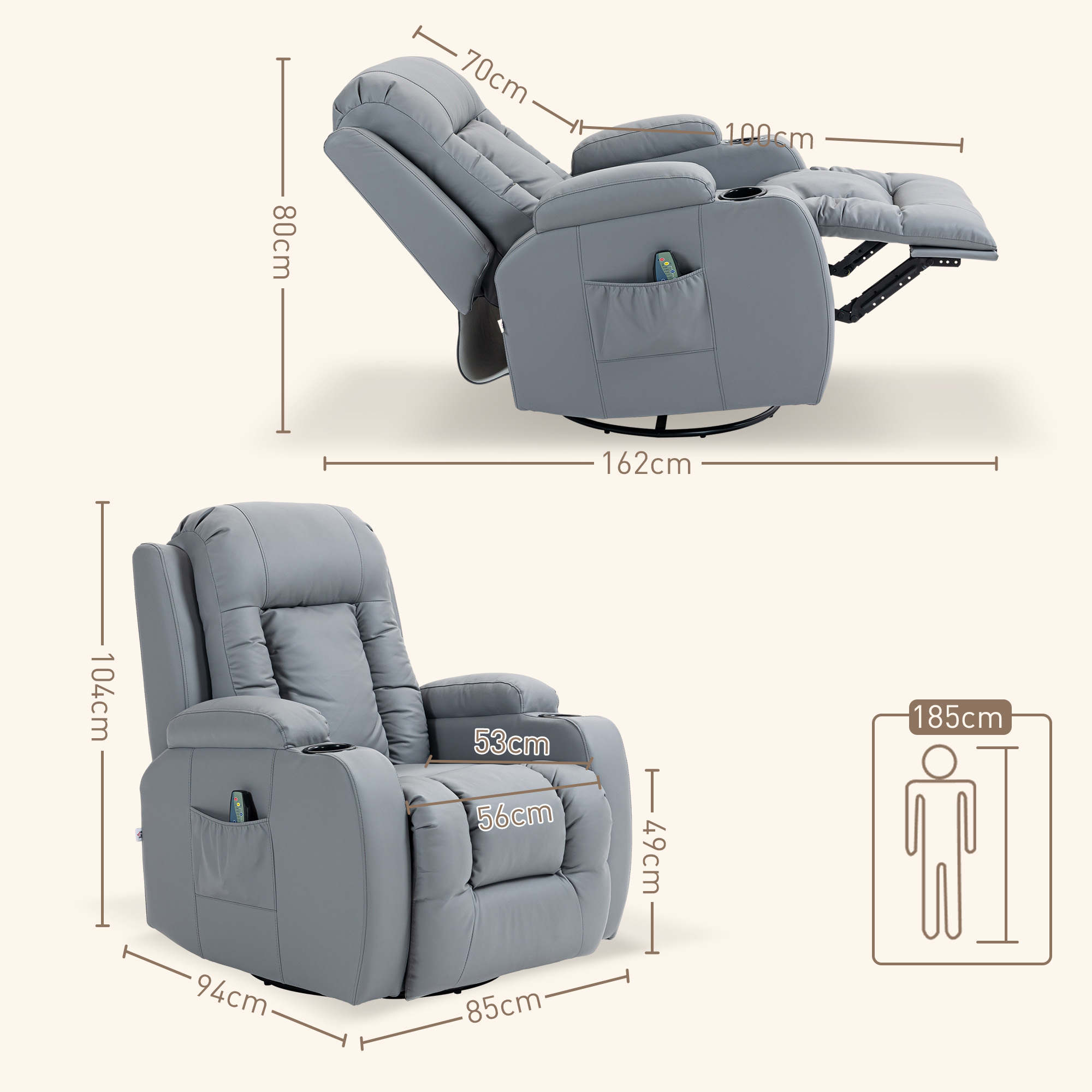 Massagestoel met Wip-, Lig- & Verwarmingsfunctie, Timer, 5 Modi, Draaibaar, Lichtgrijs