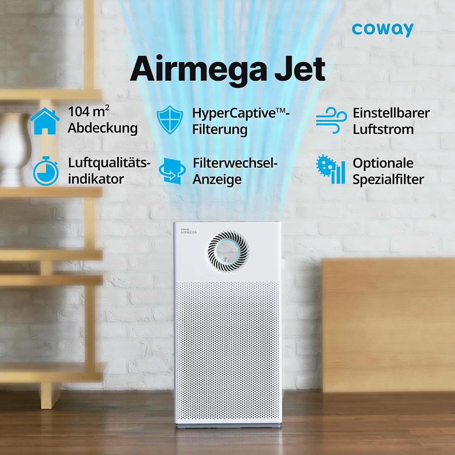 COWAY Luftreiniger Allergiker – mit MegaJet-Luftstrom vorn/oben, entfernt 99,999% der Partikel bis 0,01µm, ECARF-geprüft, für Pollen, Staub & Tierhaare, CADR 402m³/h – AIRMEGA JET