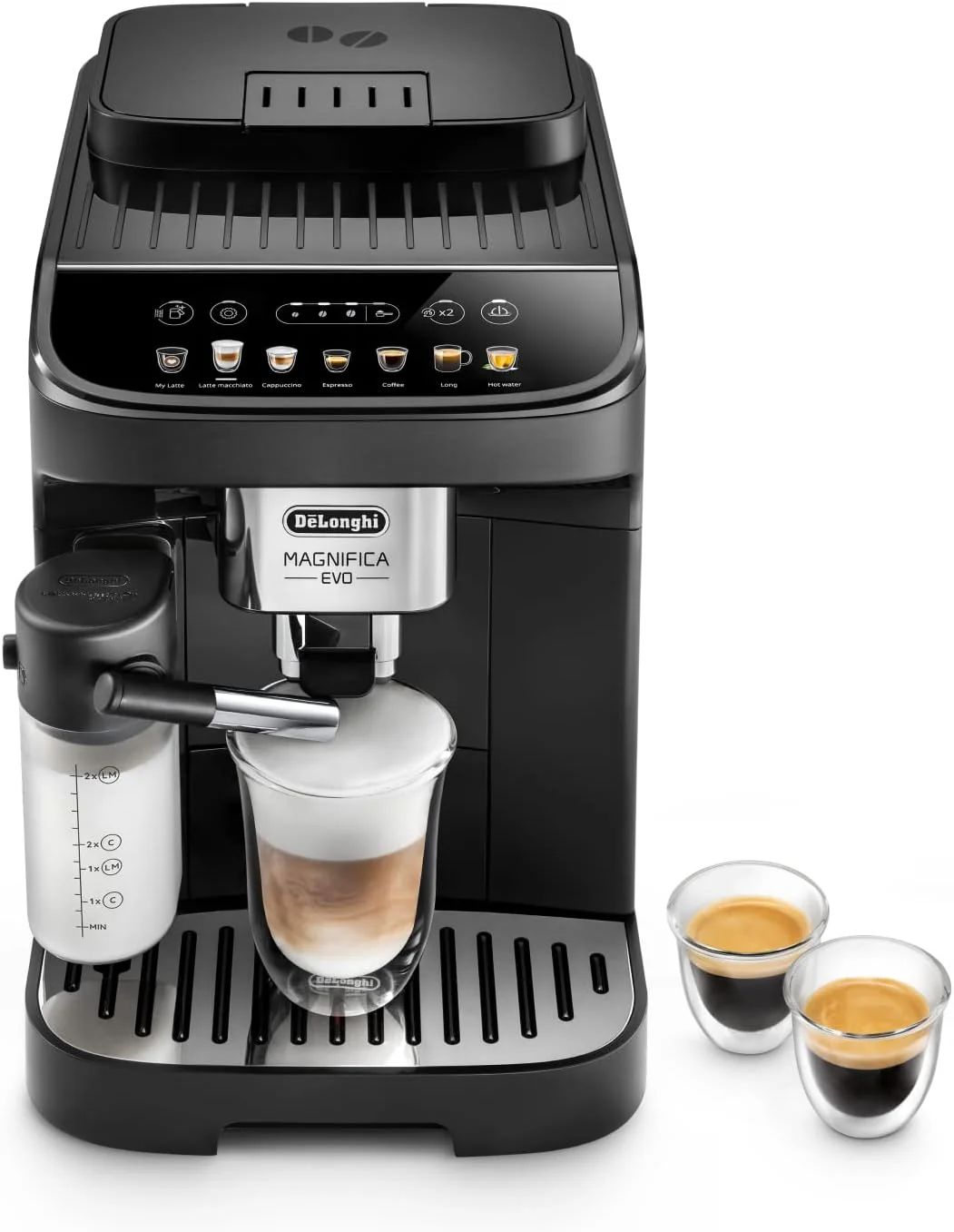 De'Longhi Magnifica Evo ECAM 292.81.B volautomatische espressomachine met LatteCrema melksysteem, 7 directe selectieknoppen voor cappuccino, espresso en andere koffiespecialiteiten, 2-kops functie, Zwart