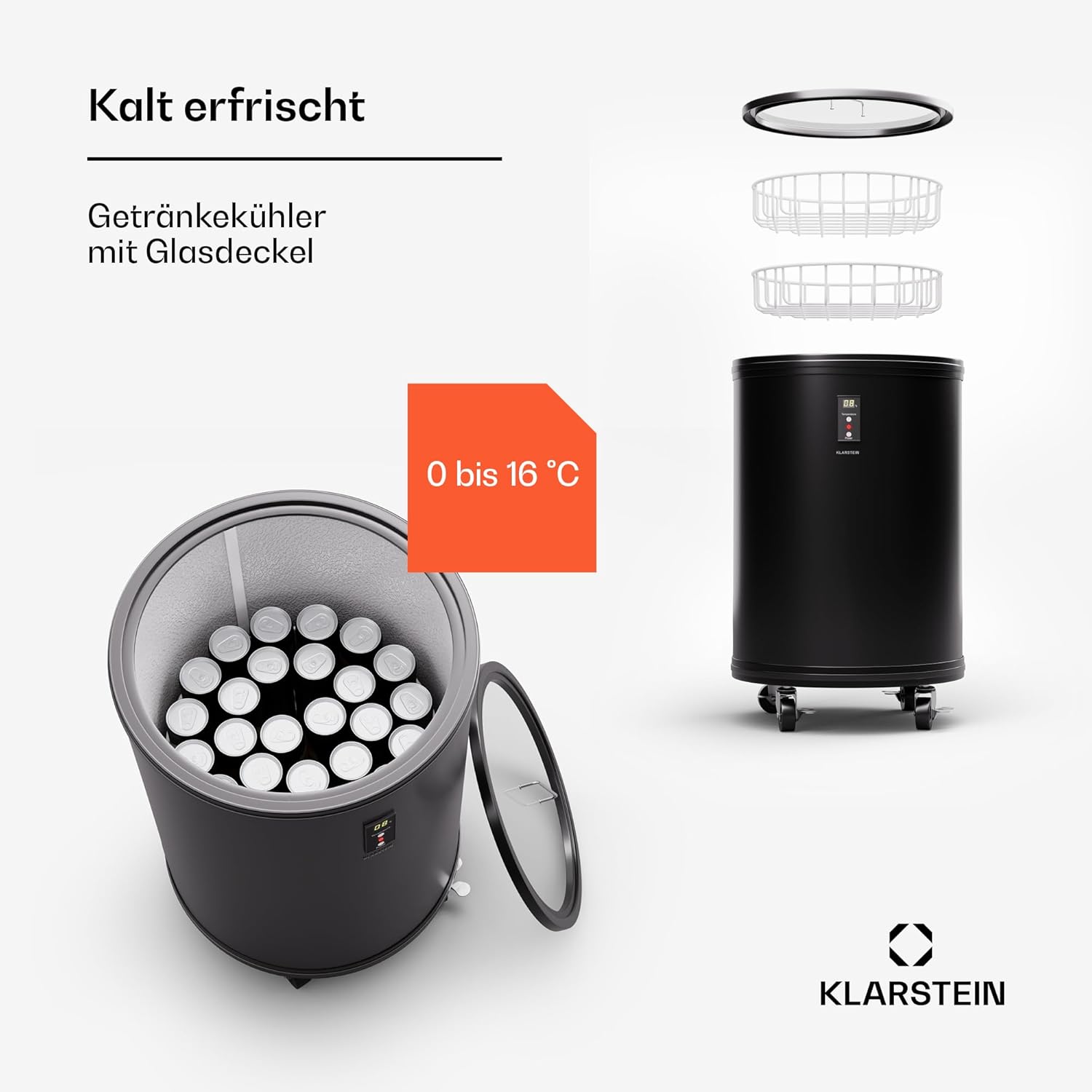 Klarstein Beersafe L Mini-Kühlschrank mit LED Display, Leiser Edelstahl-Kühlschrank, Indoor/Outdoor Getränkekühlschrank, Weinkühlschrank für Getränke, 30L Kühlschrank mit 360° Sicht, 0-16°C