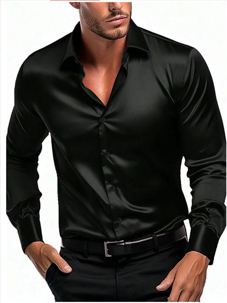 Slim Fit Herrenhemd aus gl?nzendem Satin | Langarm Businesshemd mit klassischem Kragen f��r festliche Anl?sse und B��ro