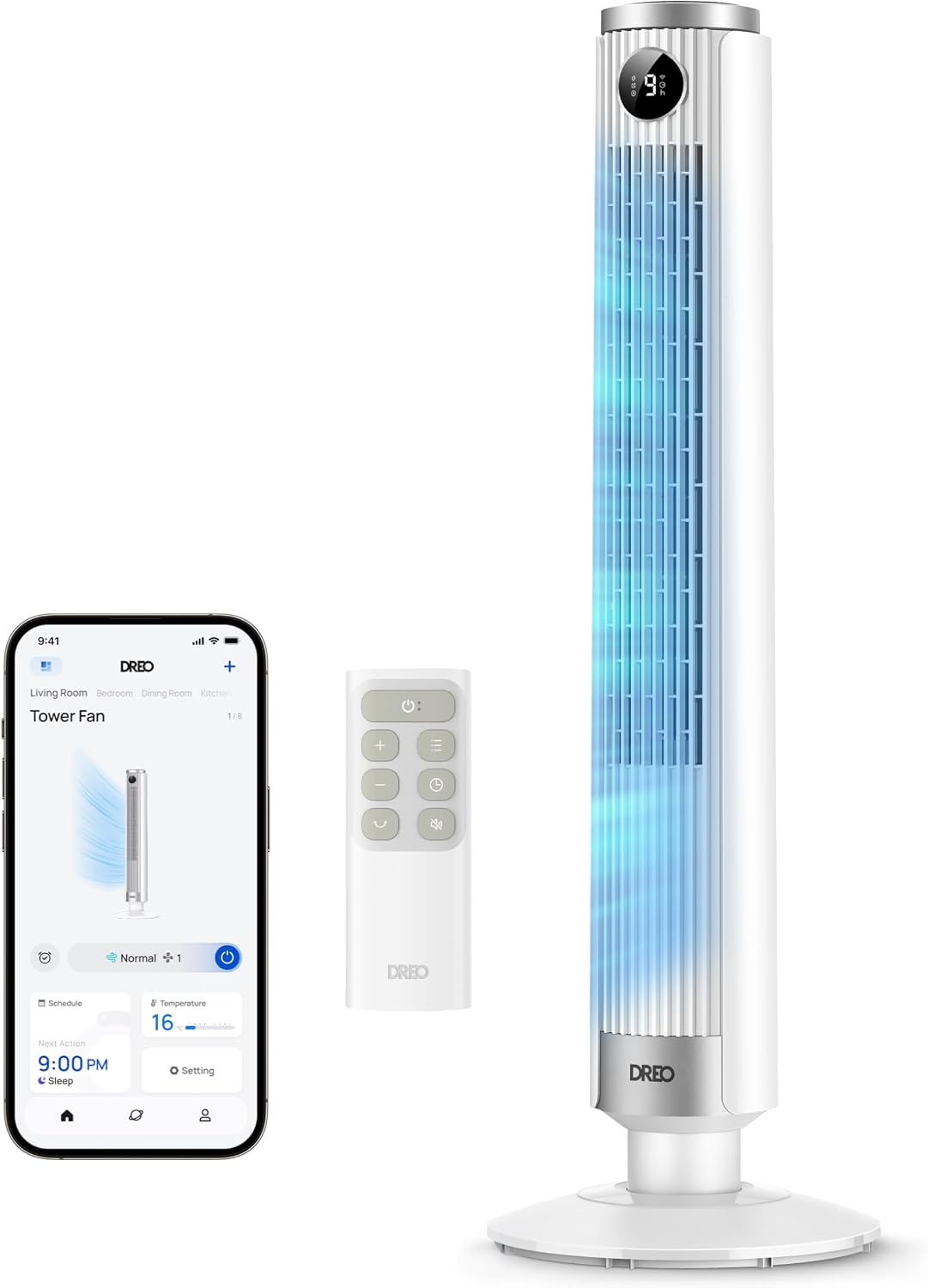 DREO Ventilateur colonne intelligent 554S, ventilateur sur pied réglable 102–114 cm, 8.4 m/s, oscillation 90°, silencieux 20 dB, 9 vitesses, 4 modes, minuterie 12 h, compatible Google et Alexa