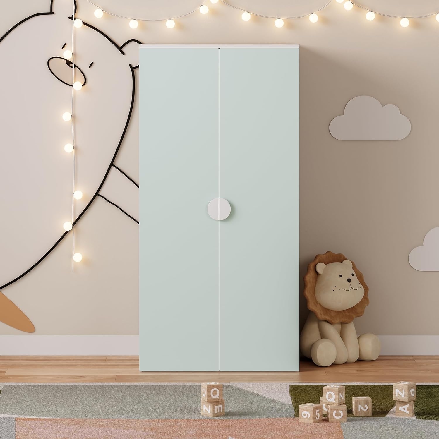 [en.casa] Kinderkleiderschrank Sandnes Garderobenschrank für Kinder 123 x 60 x 40 cm Kleiderschrank Kinderzimmer mit 2 Türen 1 Kleiderstange 1 Ablagefach Kinderschrank Weiß/Mintgrün