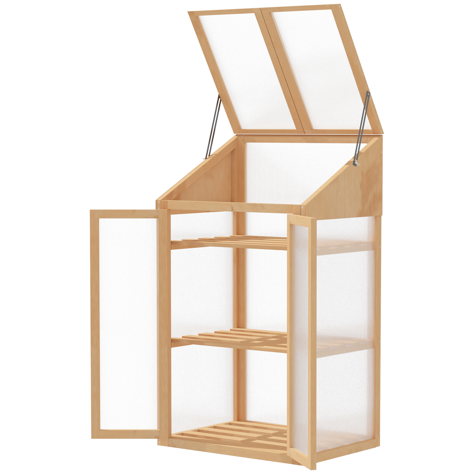 Mini-kas, Klein Kas met Houten Frame, Vensters en Dubbele Deur, 3 Planken, 70L x 50B x 120H cm, Bruin