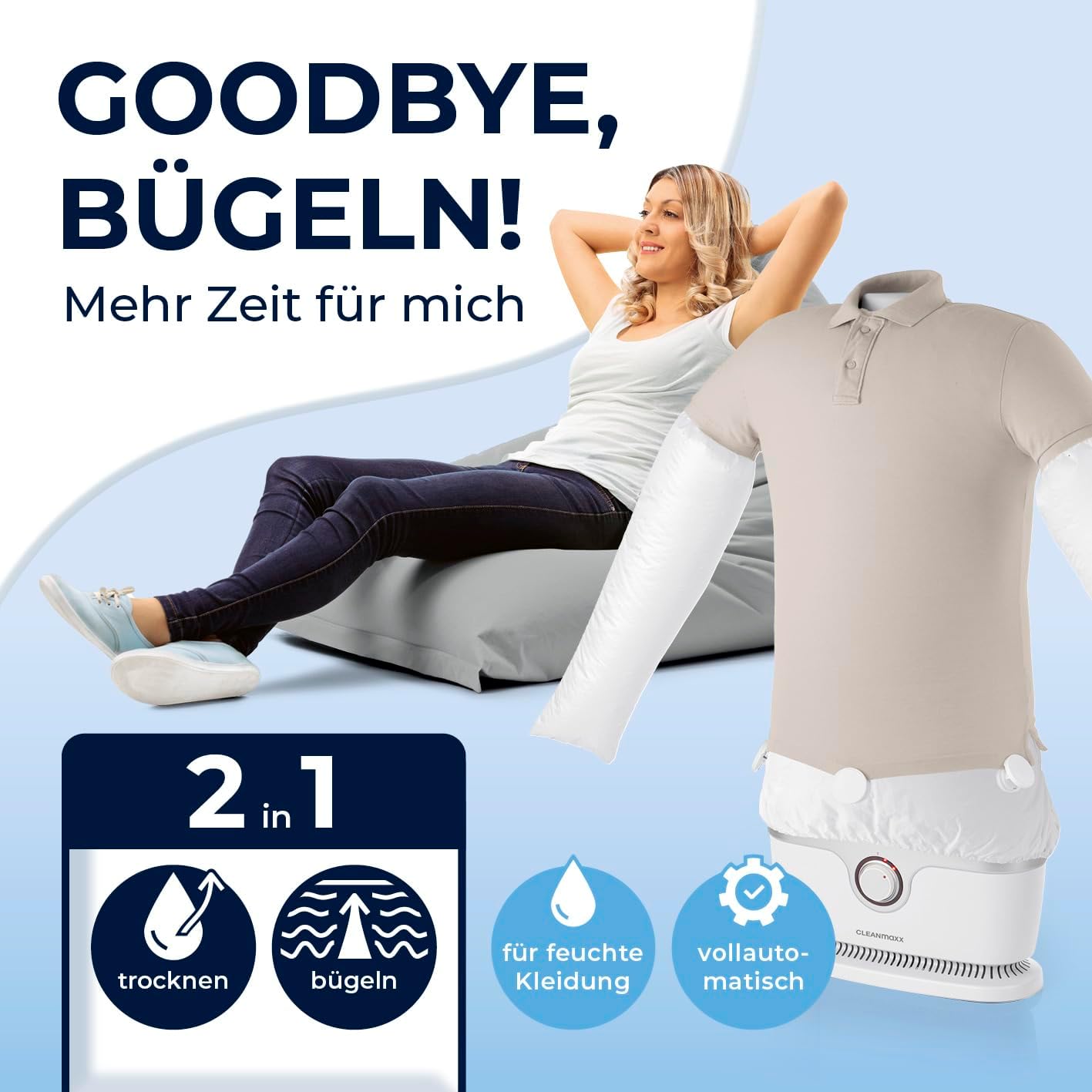 CLEANmaxx Automatischer Hemden-Bügler zum Trocknen und Gltten von Hemden & Blusen inklusive Aufsatz für Hosen | Die innovative und schonende Art, Ihre Wsche zu gltten