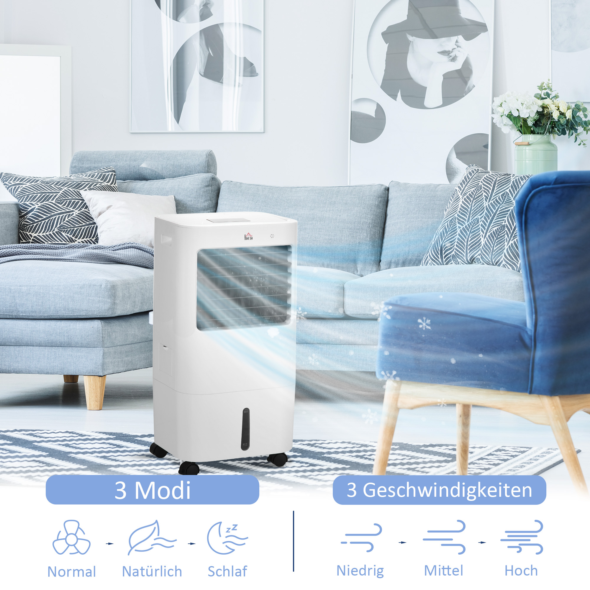 Airconditioner, Luchtkoeler, 3 Modi, Timerfunctie, Verrijdbaar, Kunststof, Wit