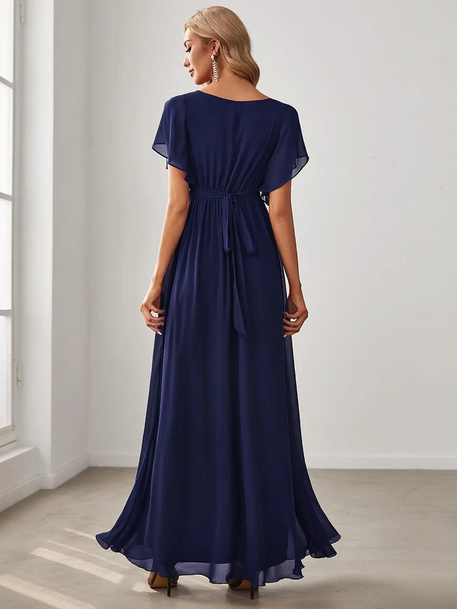 Abendkleid Damen Maxi A-Linie aus Chiffon | Festliches Kleid f��r Hochzeitsg?ste mit V-Ausschnitt und Fl��gel?rmeln