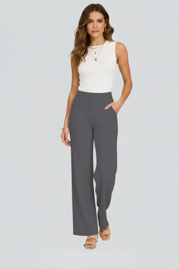 Damen Hose mit weitem Bein und hohem Bund | Bequeme High Waist Stoffhose mit Gummizug | Gerade geschnittene Schlupfhose