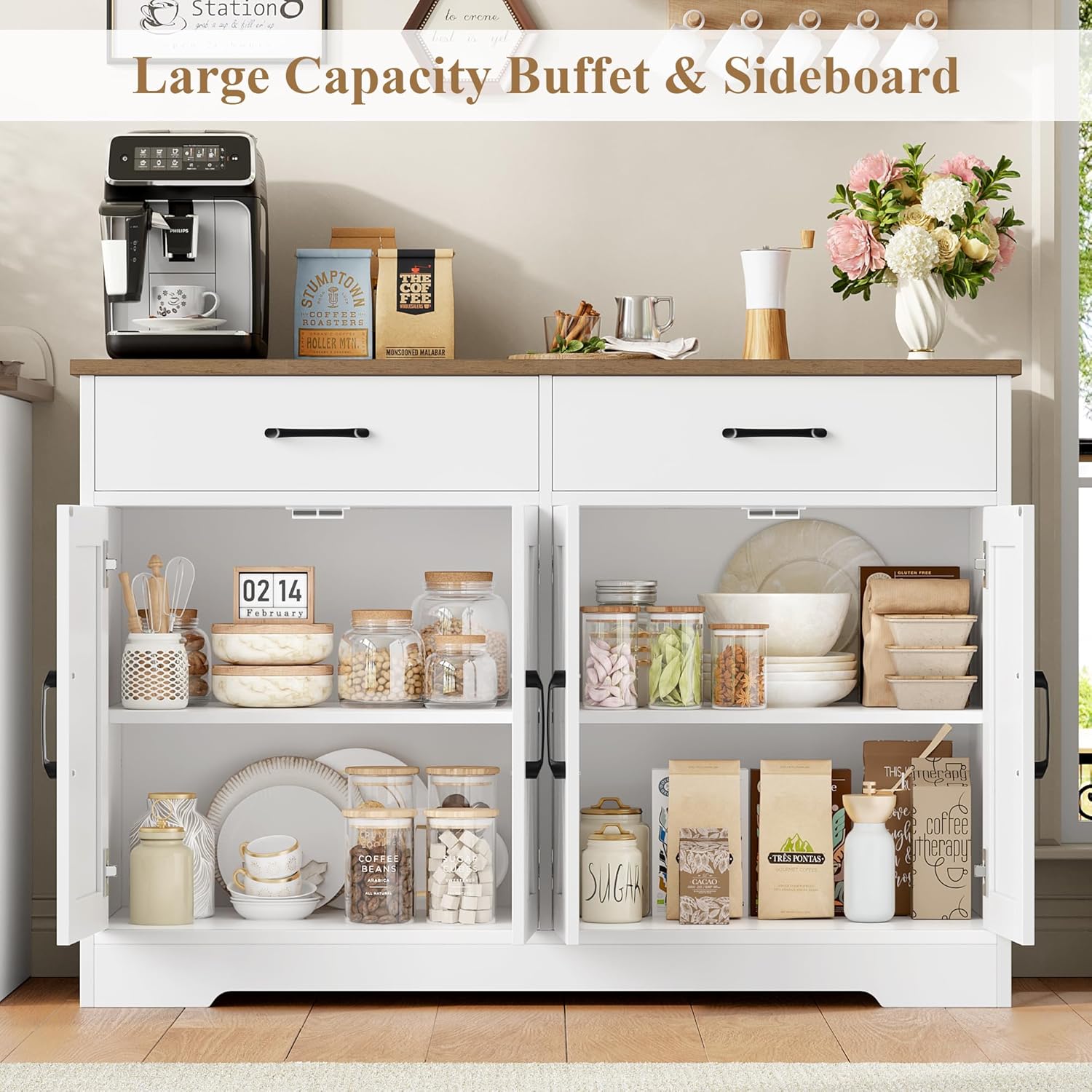 HOCSOK Sideboard, 120cm Breit Küchenschrank mit Arbeitsplatten, Küchenbuffet Aufbewahrungsschrank mit 2 Schubladen und 4 Türen Wohnzimmer, Küche, Flur, Weiß & Braun