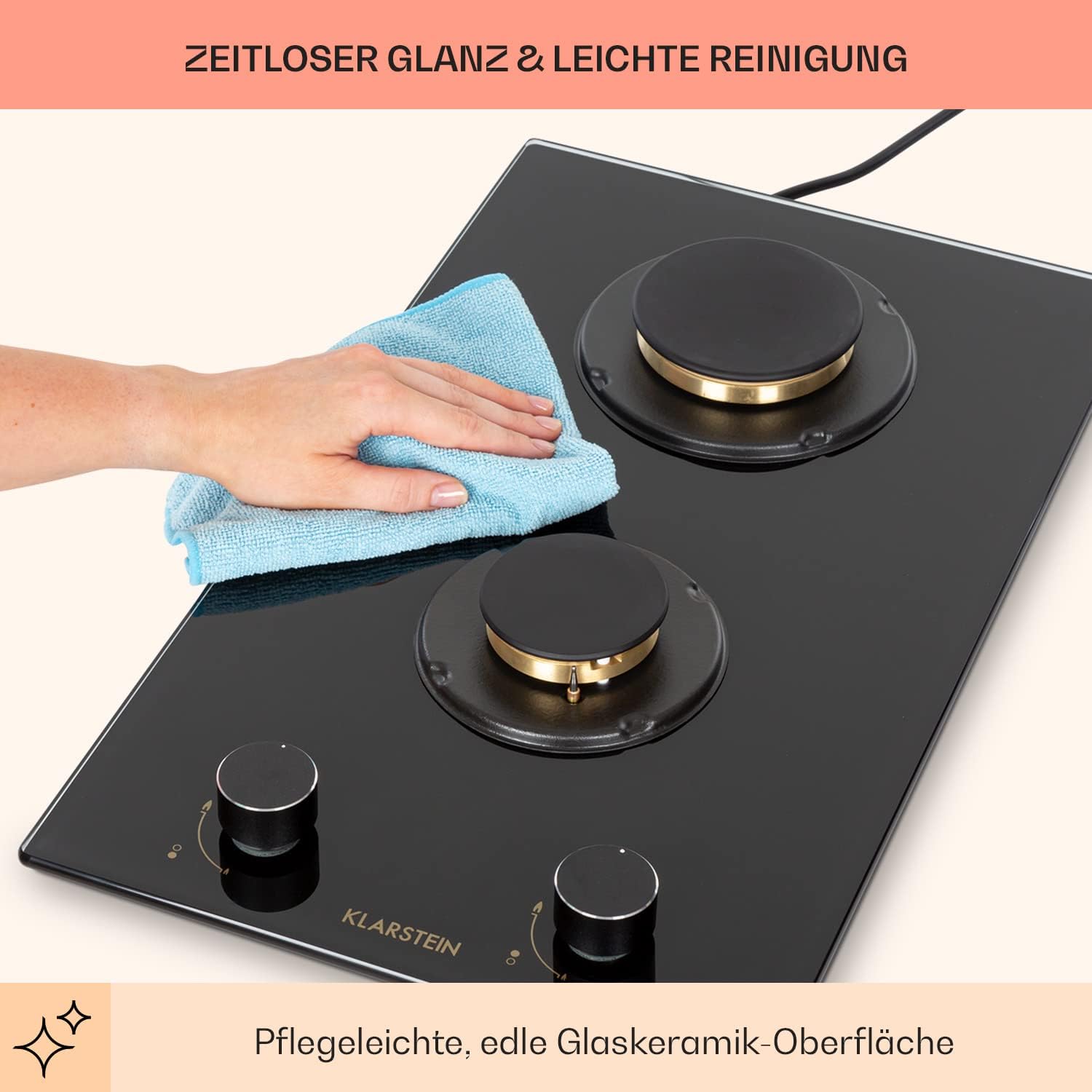 Klarstein Gasherd, Gaskochfeld 4 Flammig, Einbau-Gaskocher für Zuhause & Wohnmobil, Campingkocher mit Glasplatte, Gasherd für Propan- und Erdgas, Edelstahl Gas-Herdplatte Wok Brenner 8000 Watt