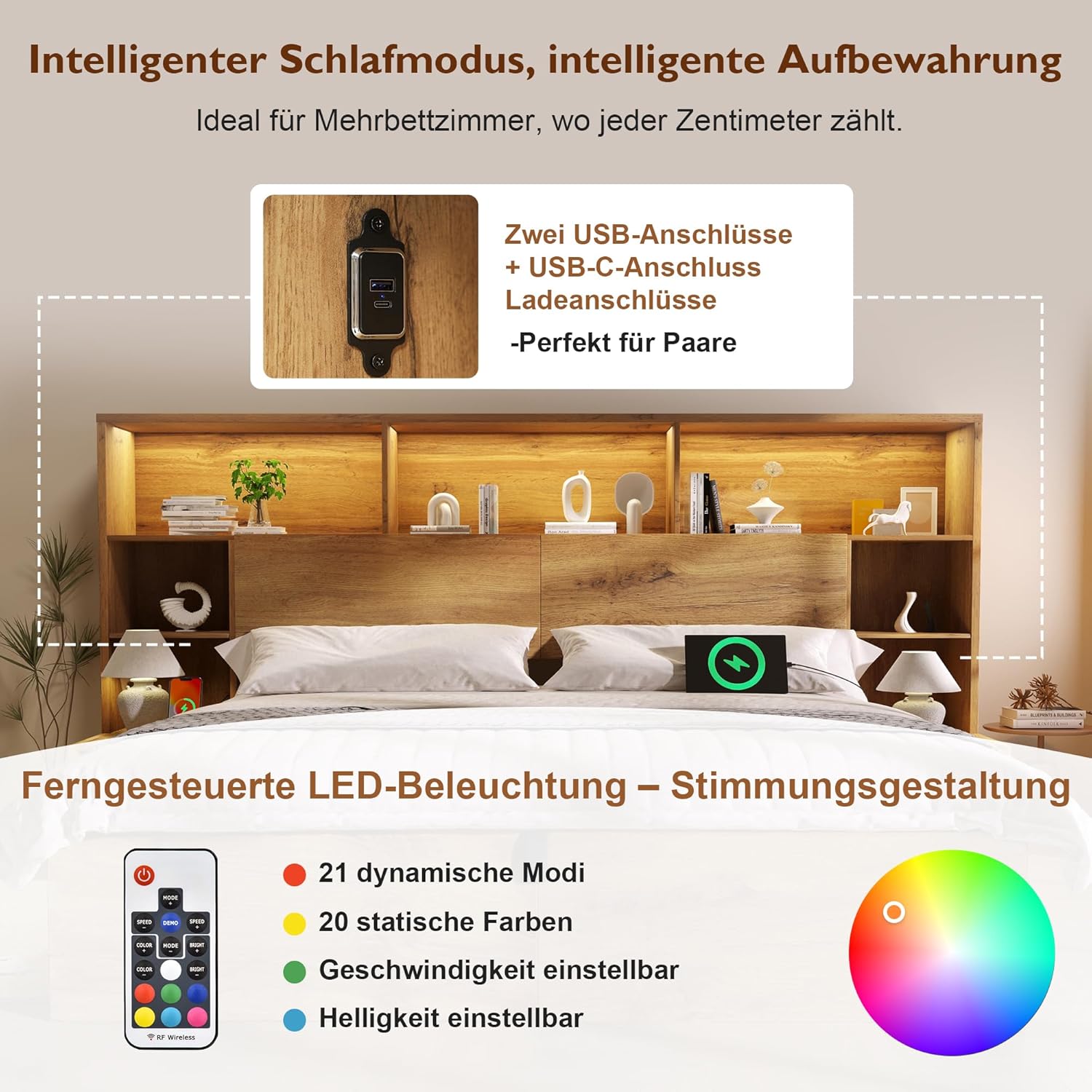 ANIROY Doppelbett Holzbett 180x200cm, Hydraulisches Stauraumbett mit Kopfteil, Stauraum-Kopfteil mit LED & USB-C-Anschluss, Systembett Bettgestell mit Lattenrost, ohne Matratze, Eiche